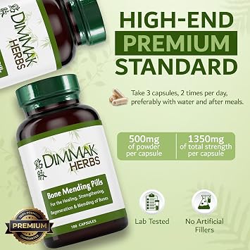 Dimmak Herbs Bone Mending Pills- Rapid Fracture & Broken Bone Healing Supplement- Advanced TCM Formula with Drynaria- Stress Fracture & Osteoblast Support- Organic, Vegan- 500mg 100 Capsules