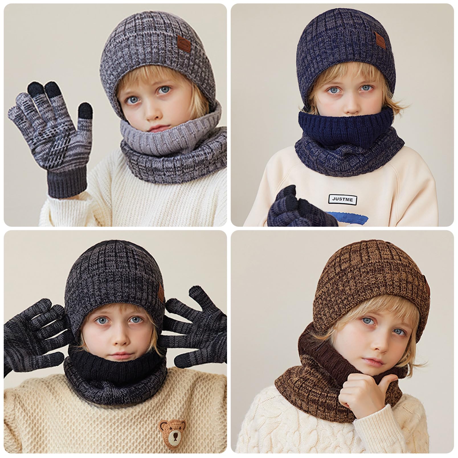 Gorro Invierno Niño Niña Braga Cuello Guantes Térmico Gorro de Punto Braga Cuello Polar Guantes de Pantalla Táctil para Niños Niñas 4 a 10 Años