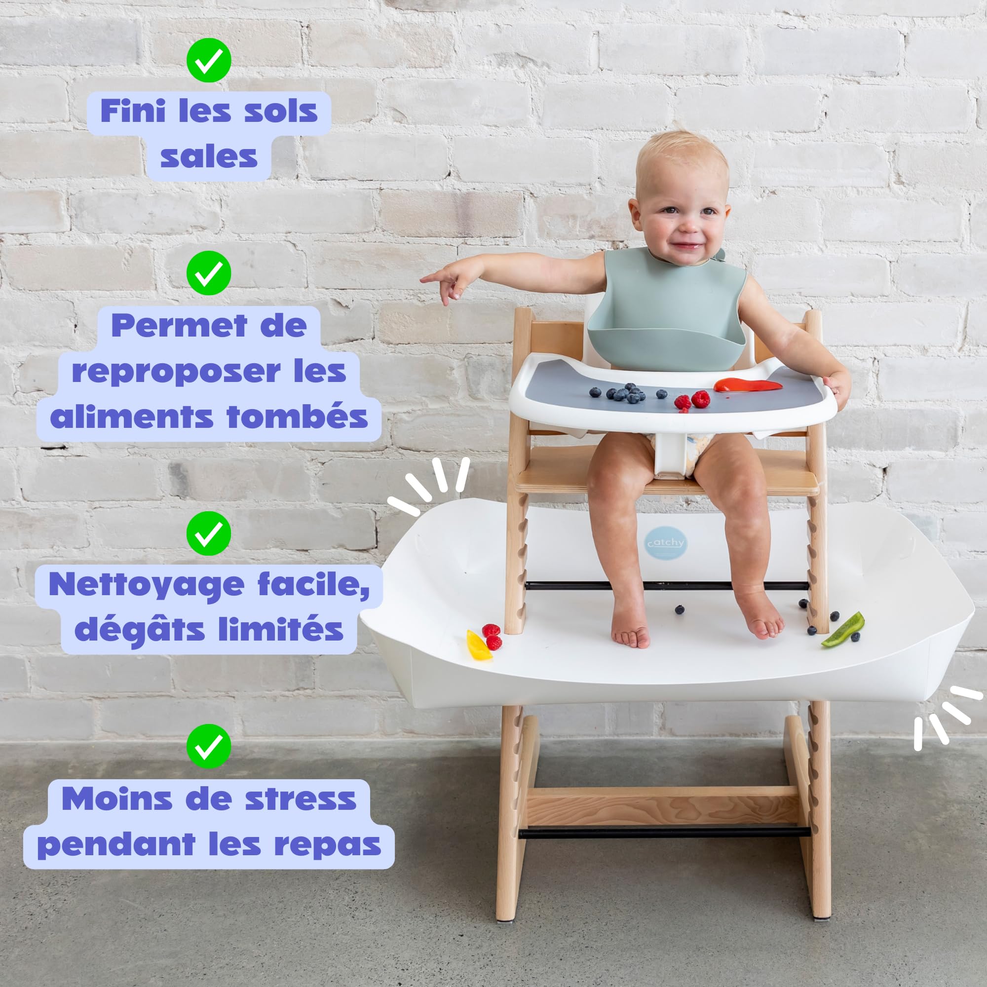 CATCHY Récupérateur d’Aliments pour Chaise Haute Bébé, Compatible avec la Chaise Haute Évolutive Stokke Tripp Trapp (Vendue Séparément), Bavoir Plateau Anti-Salissures Bébé, Blanc