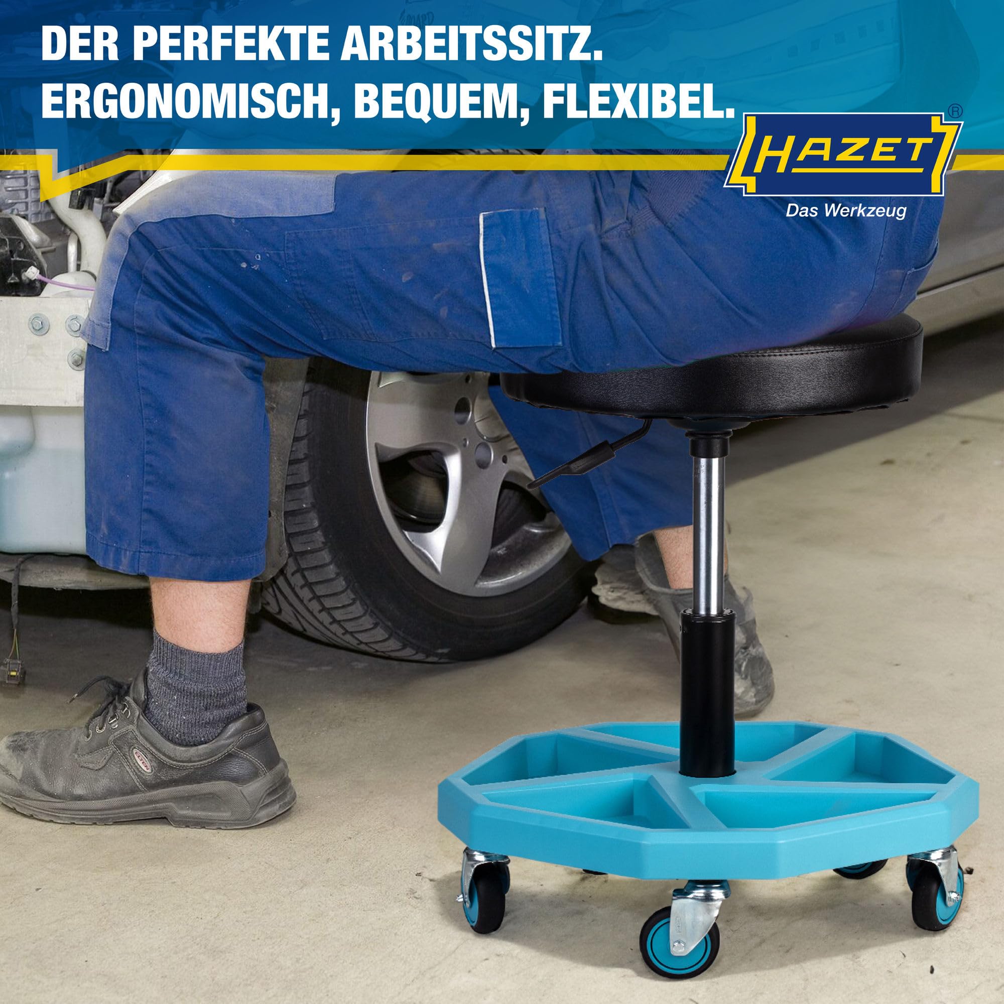 HAZET Arbeitssitz 195N-4, stabile Vierkant-Rohrrahmenkonstruktion, 5 Leichtlaufrollen 75 mm, höhenverstellbar 430-550 mm, belastbar bis 150 kg, großes Sitzkissen 350 mm