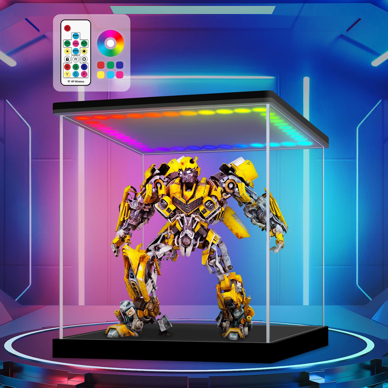 LASOA Acrylic Display Case with RGBW Color Changing LED Light, Clear Display Box for Action Figures and Collectibles, Self-Assembly Dustproof Showcase
