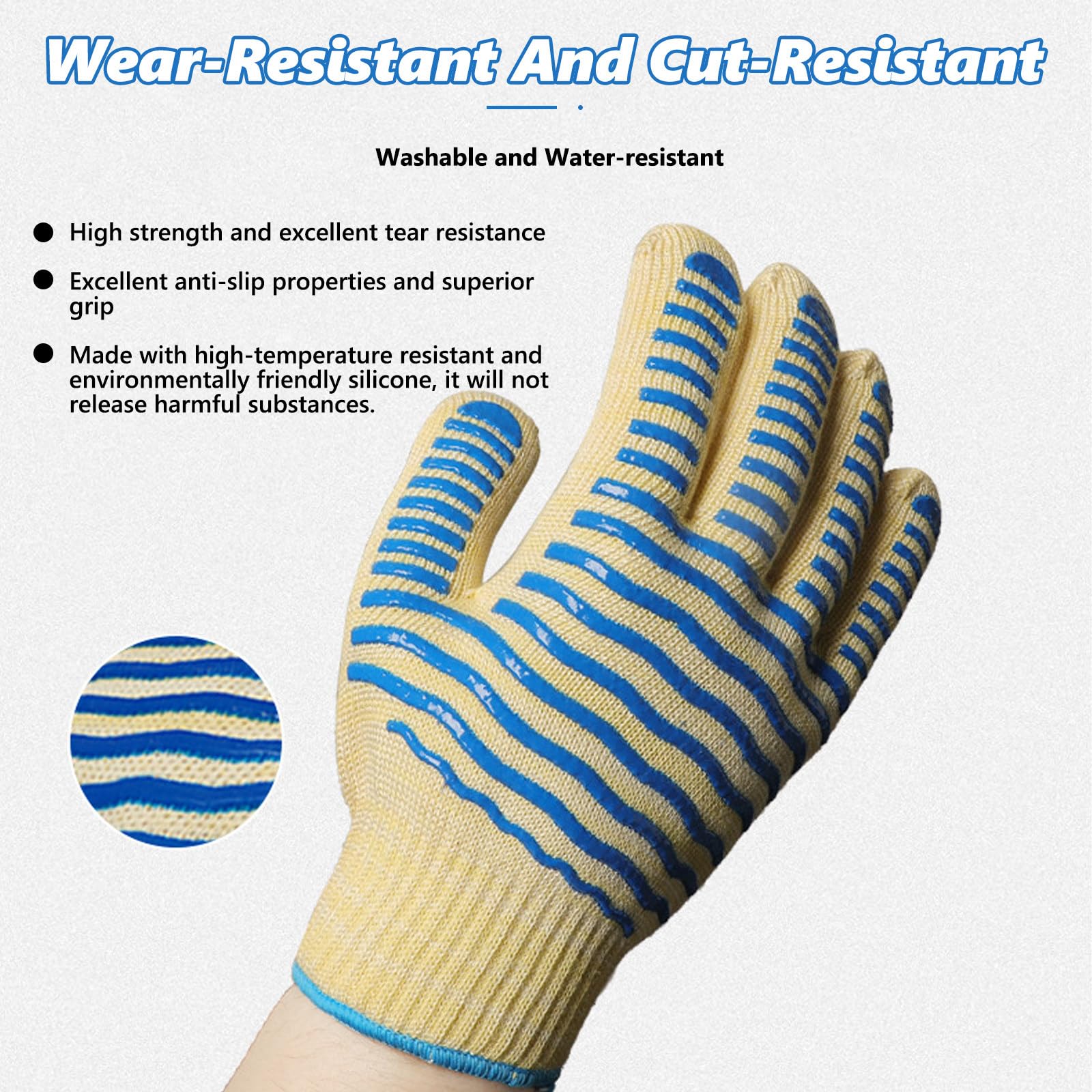 Guantes Barbacoa, Calor hasta 500°C, Silicona Antideslizante, Guantes Cocina para Parrilla, Hornear, Microondas, 2 Par Blue-26cm/10.24in