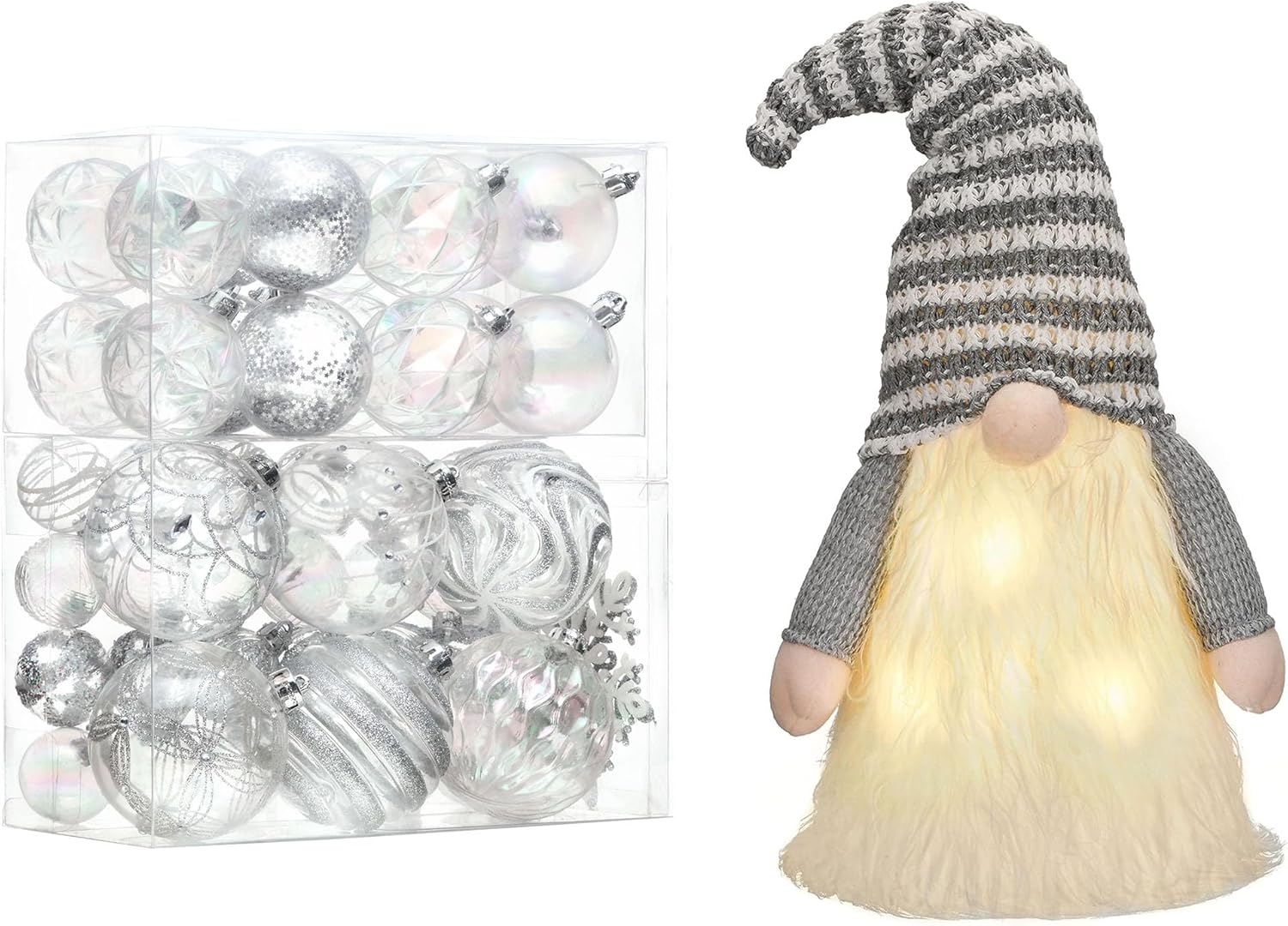 Valery Madelyn Christmas Ball Ornaments, 50ct White and Silver Shatterproof Christmas Tree Decorations Set&Christmas Gnome Tree Topper with Timer(2 Items Buddle)