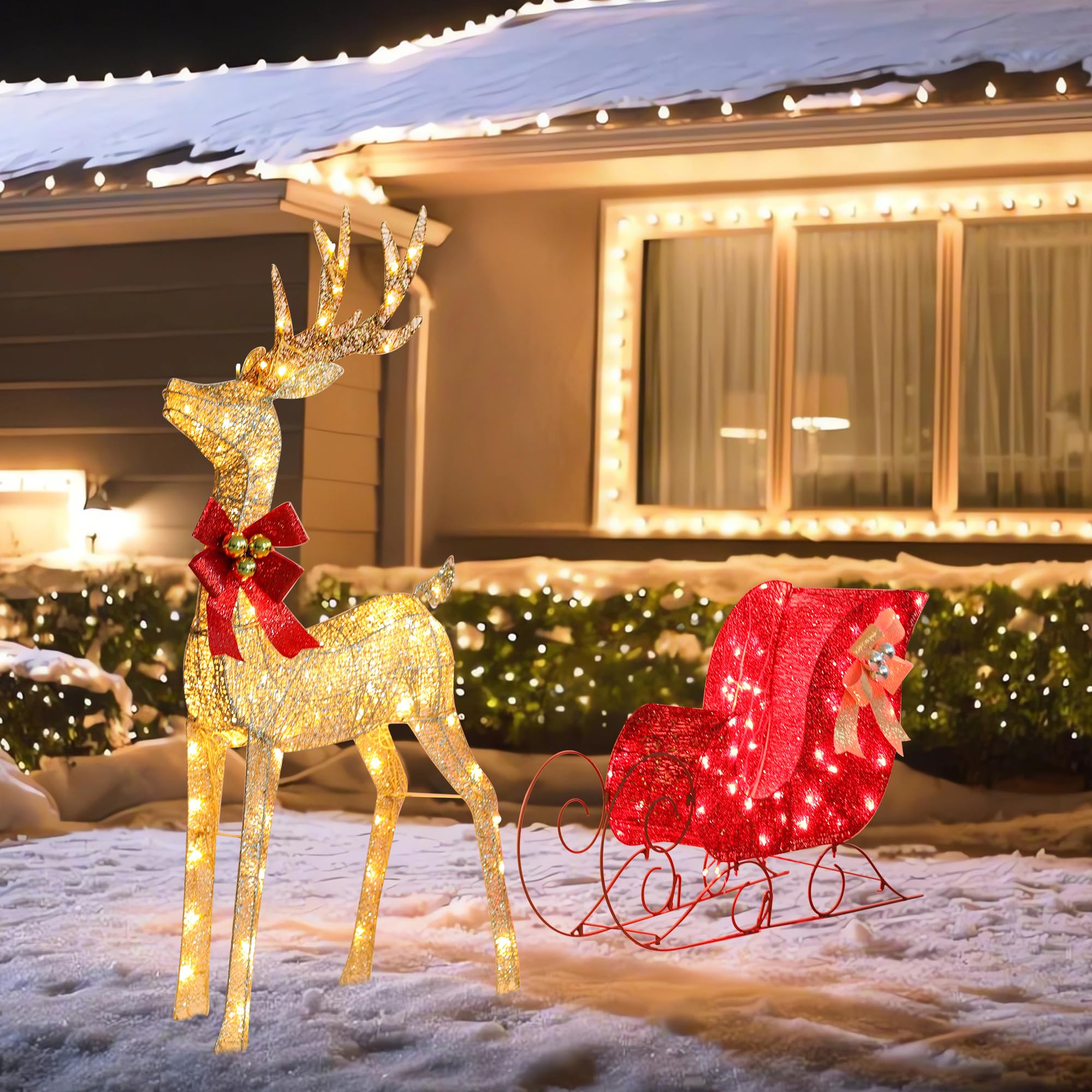 TQVAI Decoraciones de Navidad de reno, decoración de patio al aire libre, adornos de césped de Navidad, ciervo claro dorado con trineo de Papá Noel, 160 luces LED, estacas en forma de U, lazos de