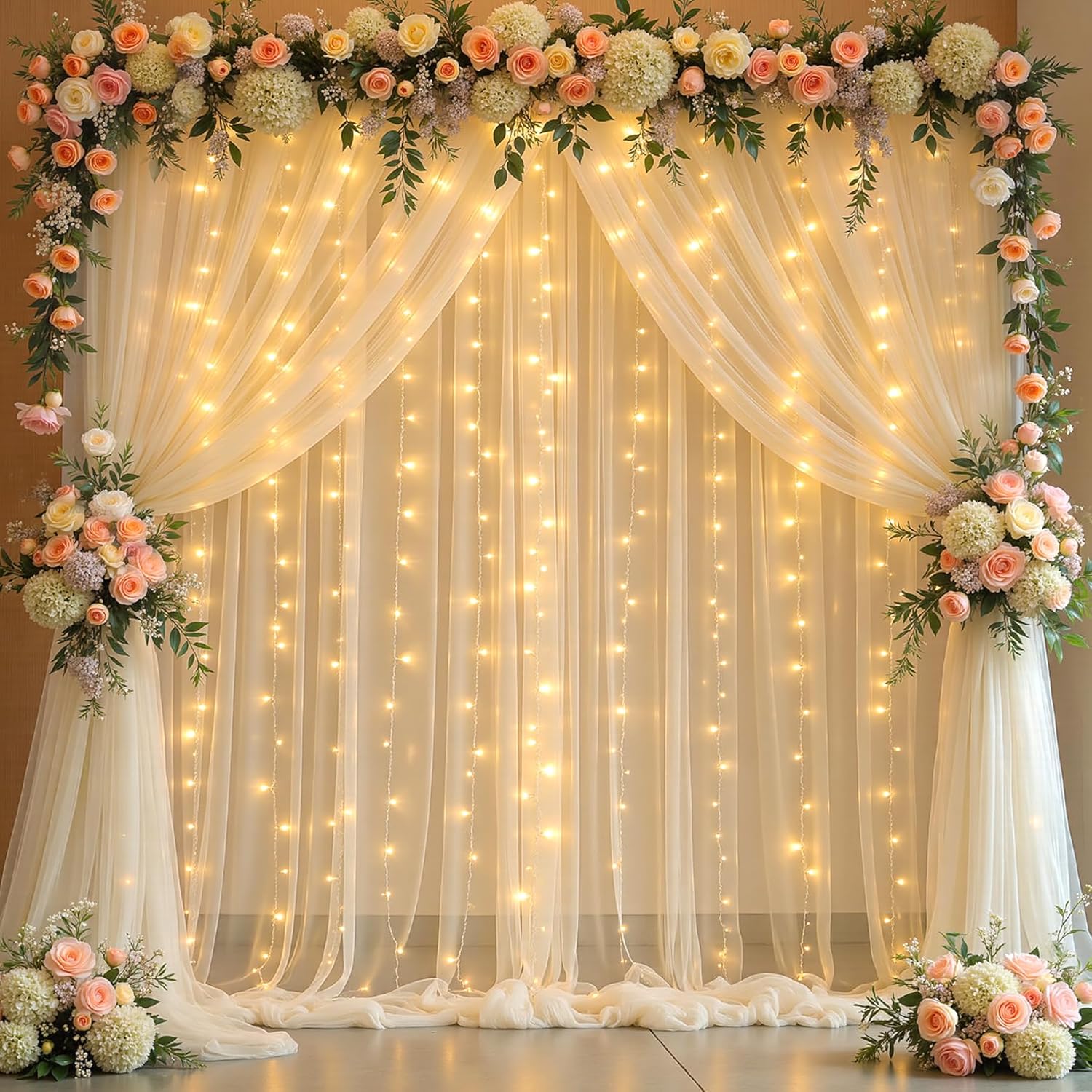 10x10FT Cream Wrinkle Free Backdrop Curtains with Lights String for Parties - Photo Curtain Backdrop with Lights for Wedding Decorations, Bridal Baby Shower Birthday Party Photography Background