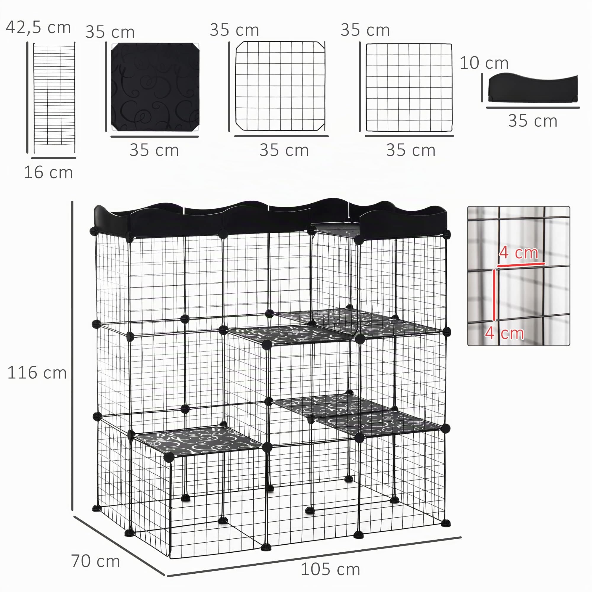 PawHut Jaula para Animales Pequeños 40 Paneles DIY 105x70x116 cm Negro | Parque para Mascotas, Valla Metálica, para Conejos Cobayas Gatito