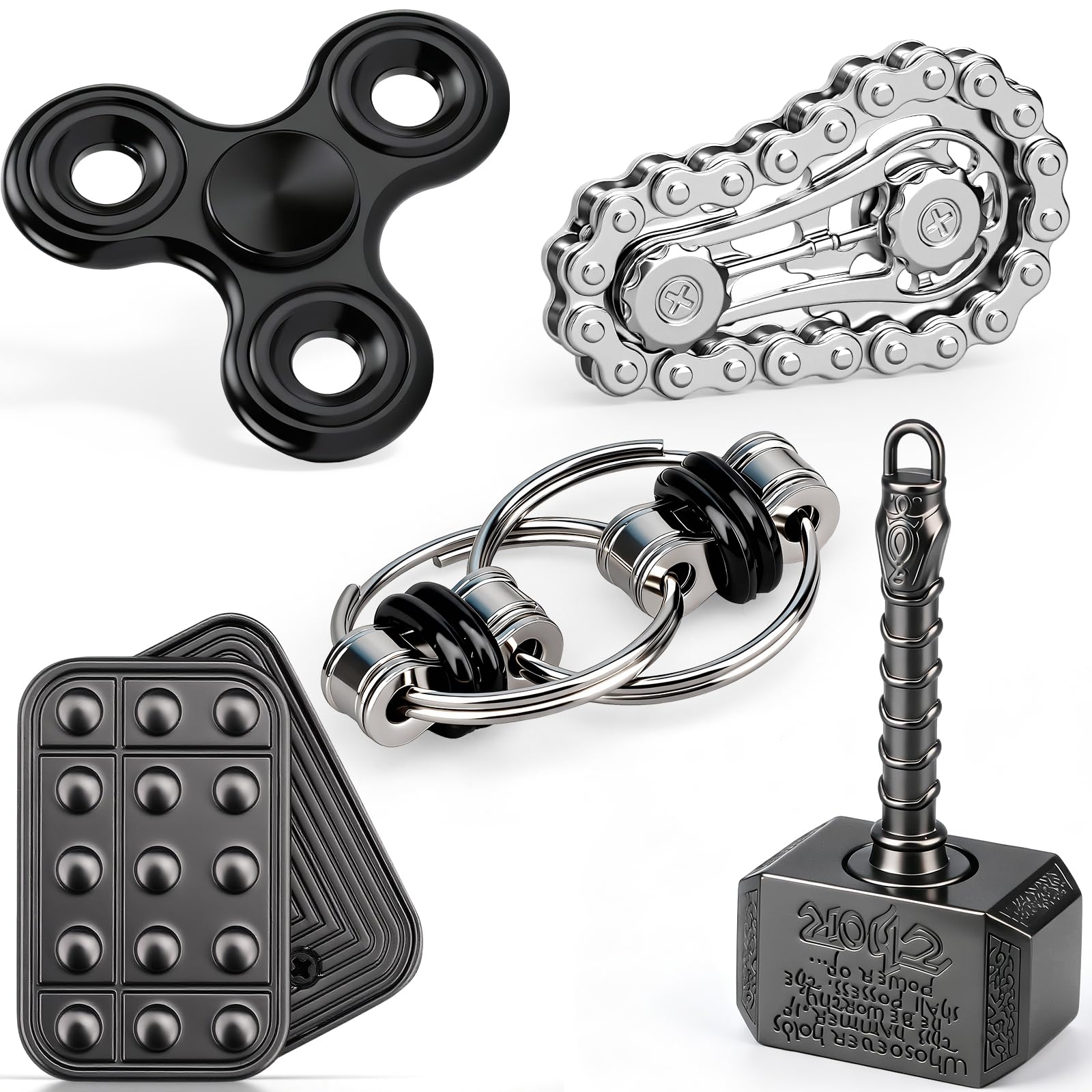 Fidget Spinner Pack Toy for Kids and Adults, Push Clicker Ring Hand Roller Sprockets Bike Chain Sensory Toy for Stress Relief, Metal Fidget Pack Cool Birthday Gift for Boy Men Girl