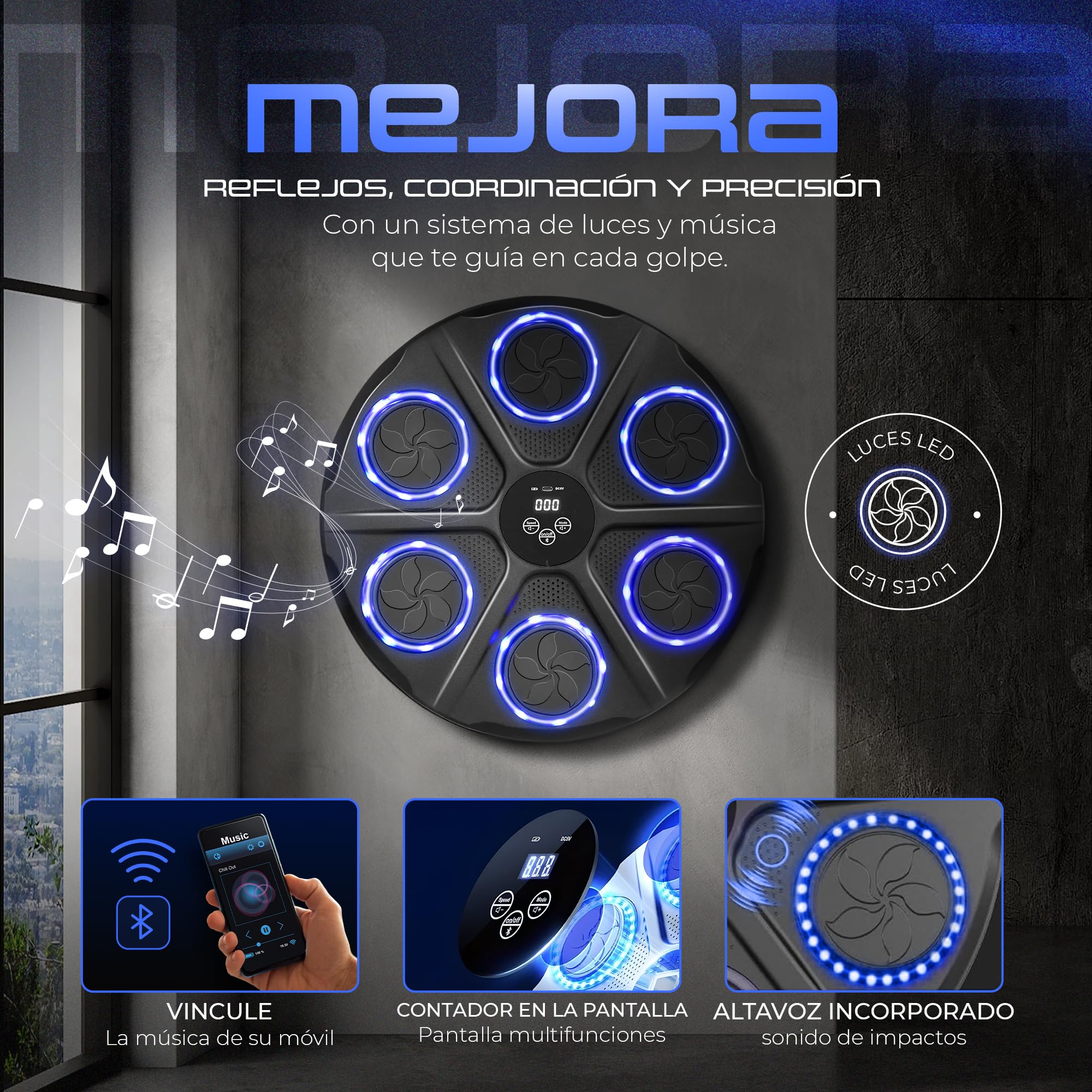 Ezero Maquina de Boxeo Musical Adulto con Bluetooth y LED – Entrenamiento de Boxeo Pared Musical con 12 Niveles y Cintas – Mejora Reflejos y Resistencia – Ideal para Casa, Principiantes y Avanzados