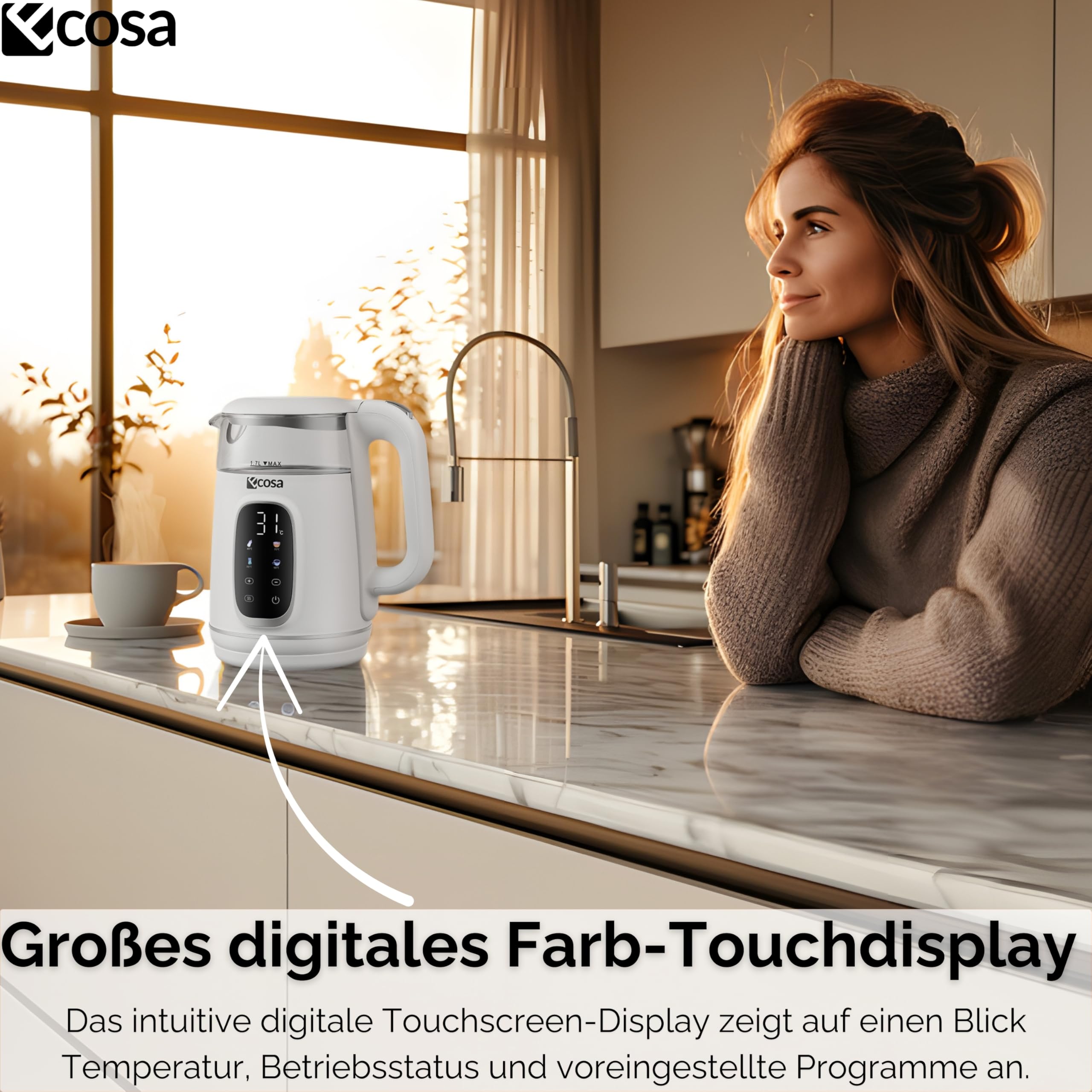 Ecosa Czajnik elektryczny z regulacją temperatury, szkło, stal szlachetna, zaparzacz do herbaty, 1,7 l, 2200 W, bez BPA, z wyborem temperatury 40°C – 100 °C – funkcja utrzymania ciepła LED (Woldo