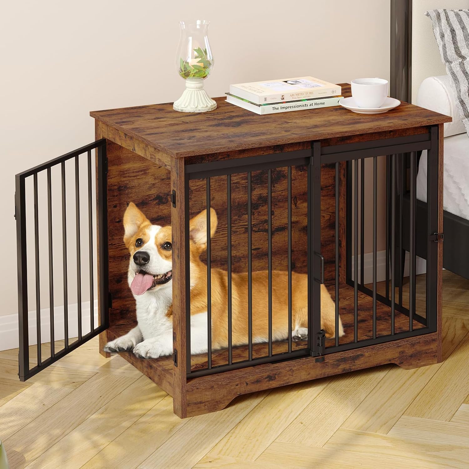 31.9″ Dog Crate Furniture with Barn Door, Heavy Duty Dog Kennel Indoor with 2 Doors, Wooden Pet Cage End Table for Small Medium Dogs up to 44 lb, Anti-Chew Anti-Escape, Rustic Brown DFC83601B 31.9″ Dog Crate Furniture with Barn Door, Heavy Duty Dog Kennel Indoor with 2 Doors, Wooden Pet Cage End Table for Small Medium Dogs up to 44 lb, Anti-Chew Anti-Escape, Rustic Brown DFC83601B