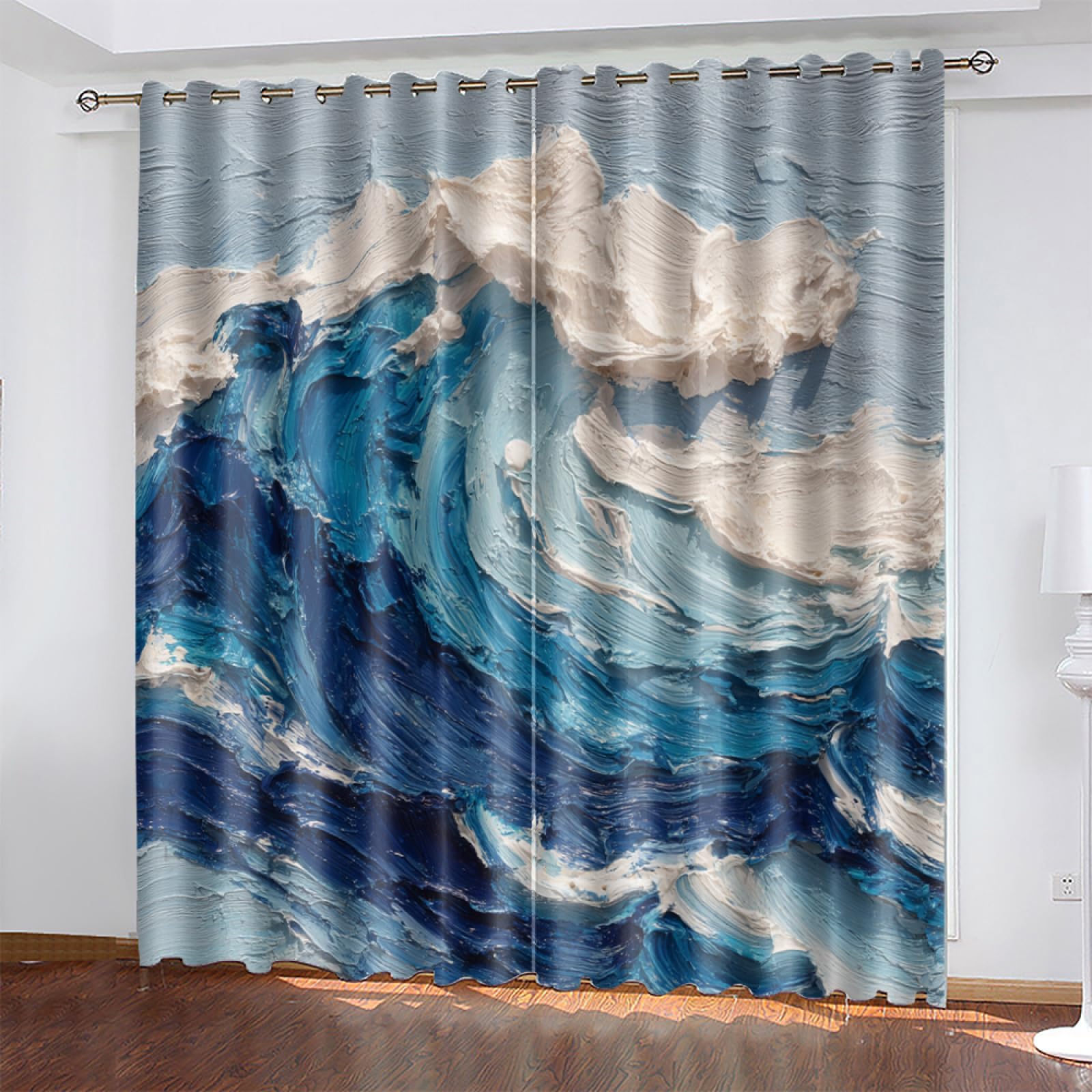 Blackout Eyelet Curtains Beige Graffiti Blue Thermal Blackout Curtains for Bedroom Living Room Black Out Curtain Reduce Noise Eyelet Curtins Durable Polyester Thick Window Curtain 2x75x166cm