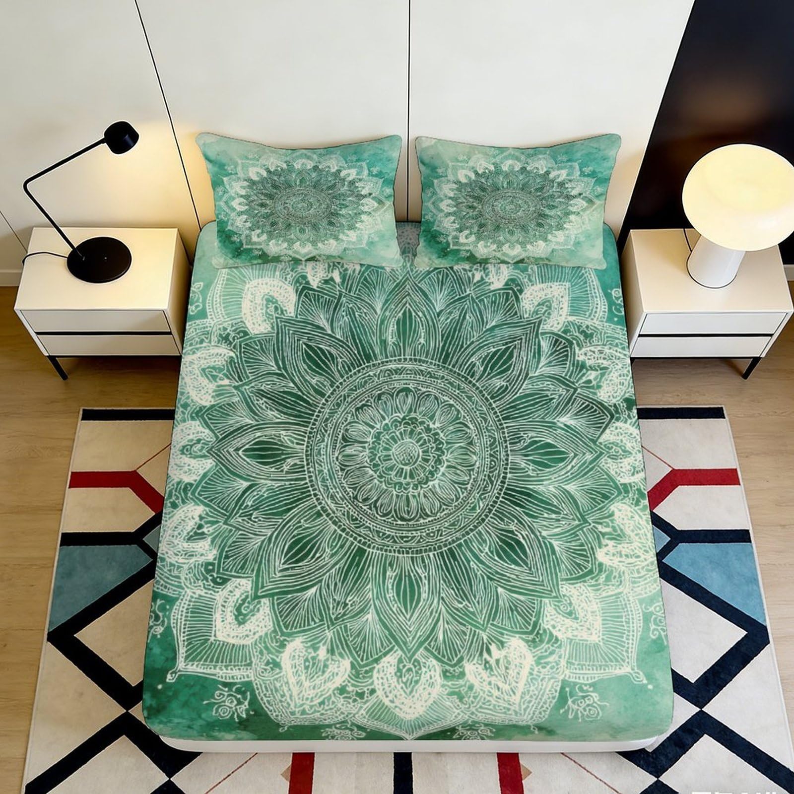 3D Printed Green Mandala Fitted Sheet Microfiber Soft Breathable Boho Abstract Bed Cover for Bedroom Guest Room Decor 90x200x25cm