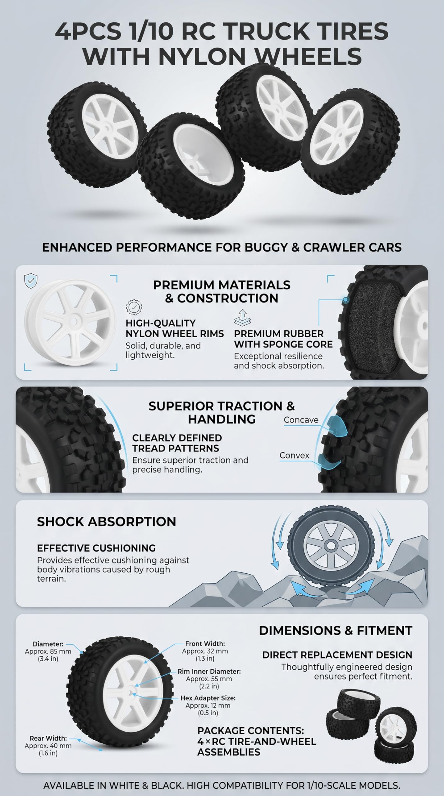 VGEBY1 4pcs RC Racing Tyre, Ruedas 1/10 RC Neumático de Coche Rubber Tire Wheel para ZD Racing LRP Traxxas Buggy Car Model Car Accessories Accesorios De Modelos