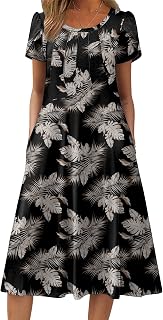 Zeagoo Damen Kleider Kurzarm Sommerkleid Elegant Midikleid A-Linie Tunikakleid Sommer Rundhals Blumen Kleid mit Taschen