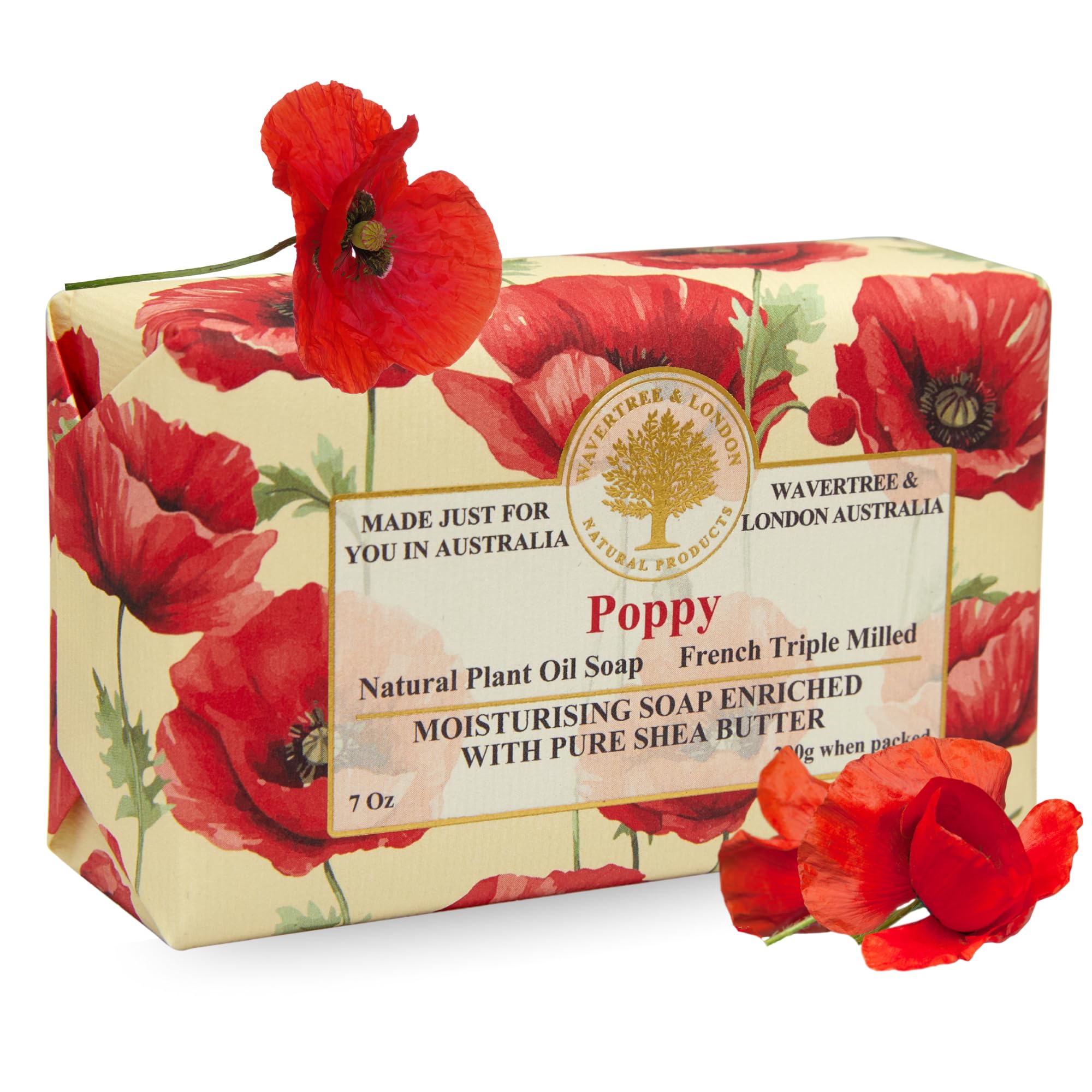 Wavertree & London Poppy Scented Natural Soap Bar, 7oz Moisturizing French Triple Milled Soap Bar for Women & Men Enriched with Organic Shea Butter, Pure Bath & Body Soap (1 Bar)