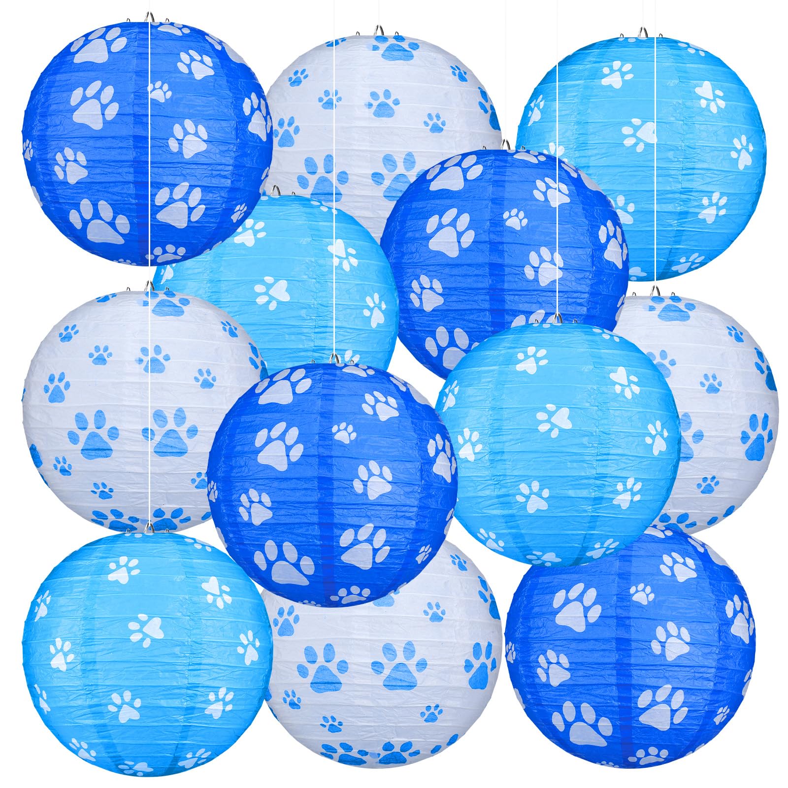 Panelee 12 Pcs Dog Paw Print Paper Lanterns Puppy Themed Party Decorations Blue and White Pet Paw Print Round Hanging Lanterns 8 Inch for Dog Birthday Party Decorations Supplies Indoor Outdoor