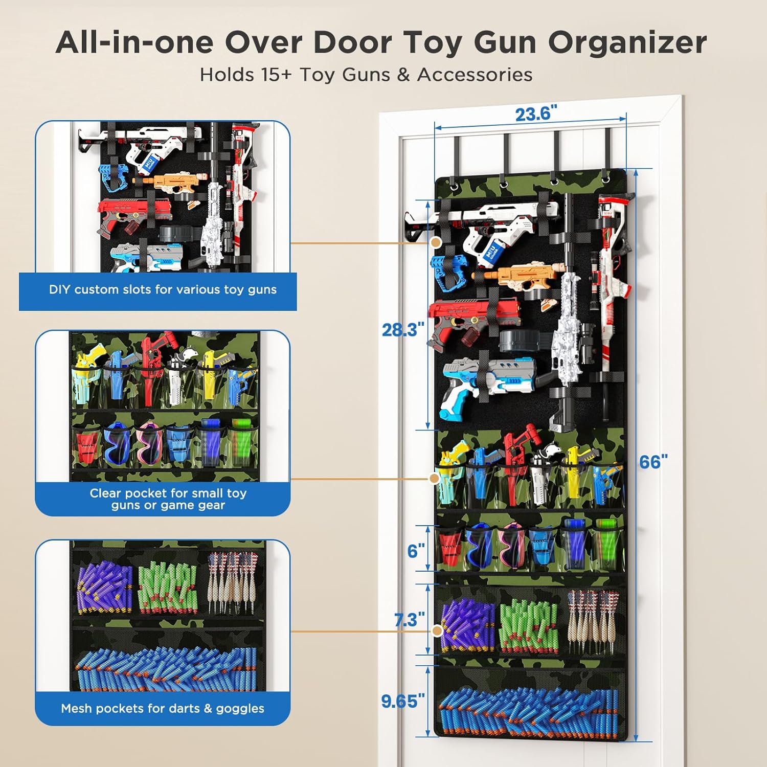 Mefirt Over the Door Organizer for Toy Guns, Toy Gun Storage Organizer with Pockets and Slots for Kids Foam Blasters, Darts, Goggles, Over Door Toy Storage Hanger for Kids Rooms, Game Rooms, Green