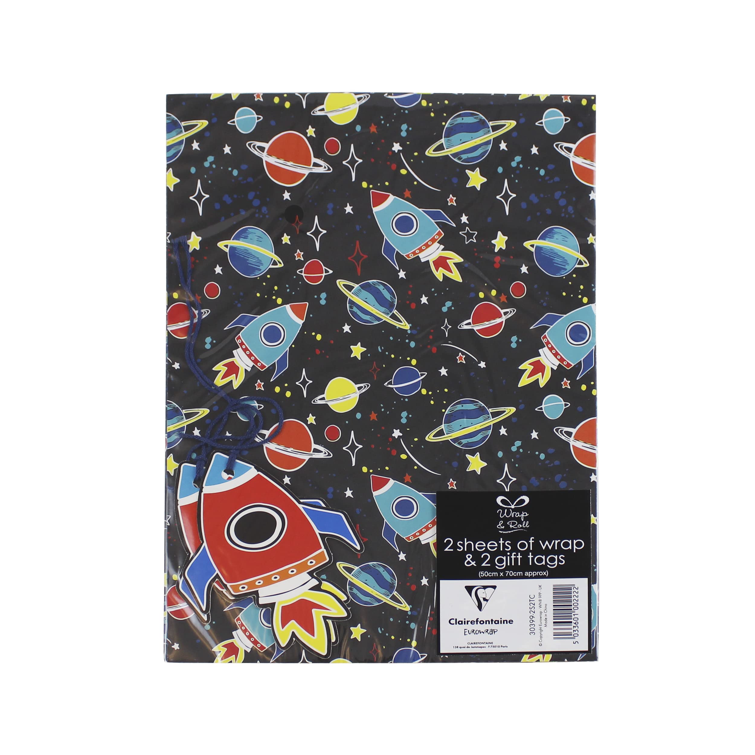 Space Gift Wrap Paper, Birthday Boy Spaceship, Spaceman, 2 Sheets & 2 Tags, Blue, 50cm x 70cm