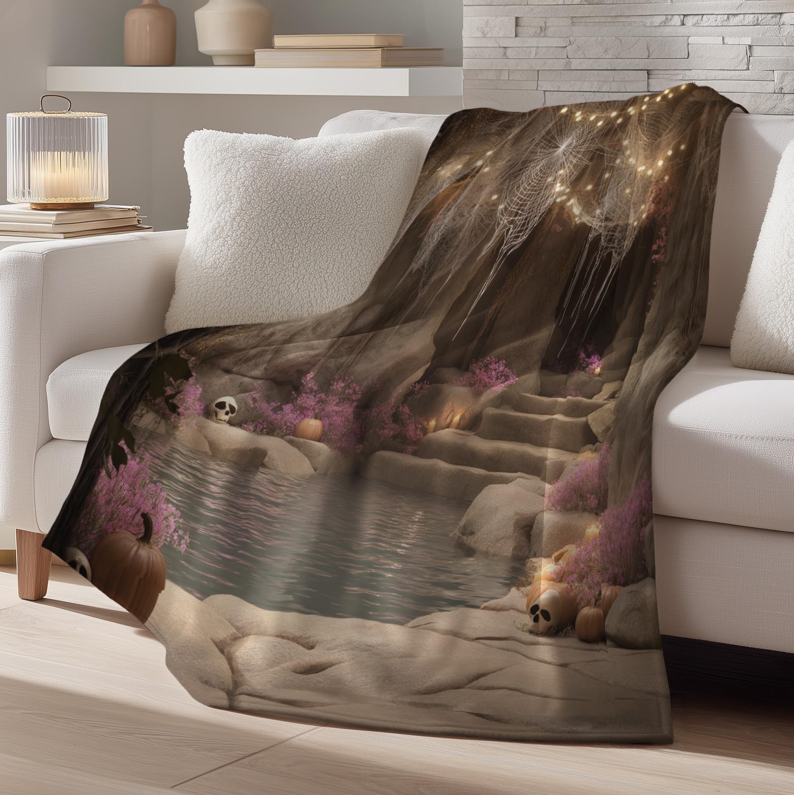 Genérico Zimowy koc flanelowy na sofę i fotel 220 x 270 cm - Koce prezentowe dla kobiet i mężczyzn - świąteczna atmosfera pajęczyna dynia Dekorowanie Della Dom - Khaki Duży koc