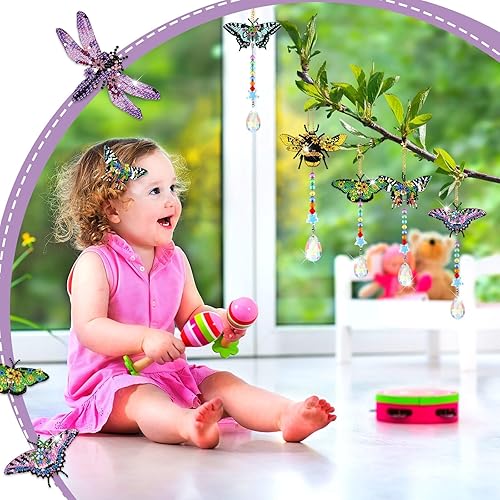 Miniatura 6 de Tradder Juego de 6 carillones de viento de cristal de viento de pintura de diamante 5D, adornos de mariposa de doble cara con colgante de cristal