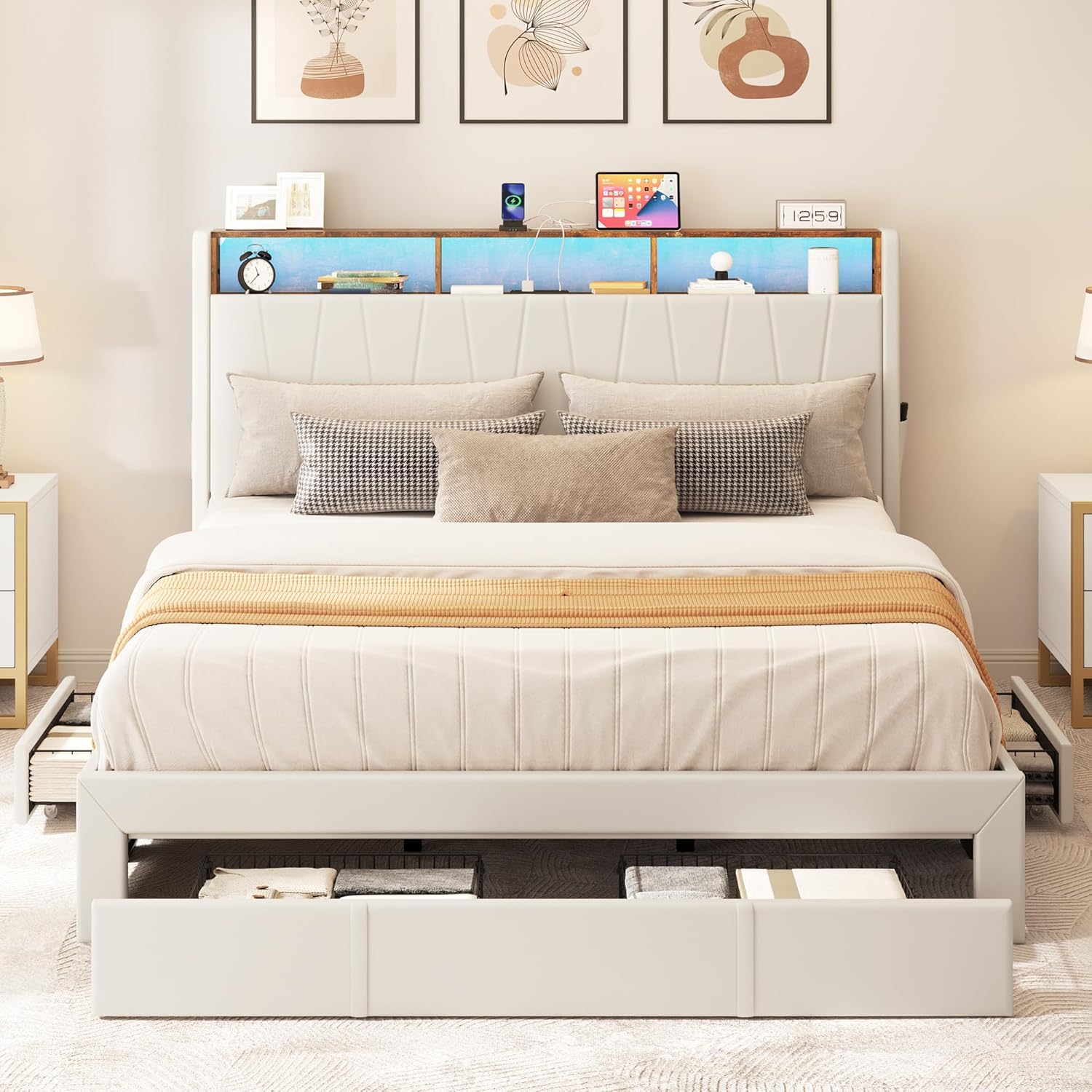 YITAHOME King Size Bed Frame, Storage Bed Frame with 4 Drawers & LED Light, Platform Bed with Storage Upholstered Headboard and Charging Station, No Box Spring Needed, Easy Assembly, Beige