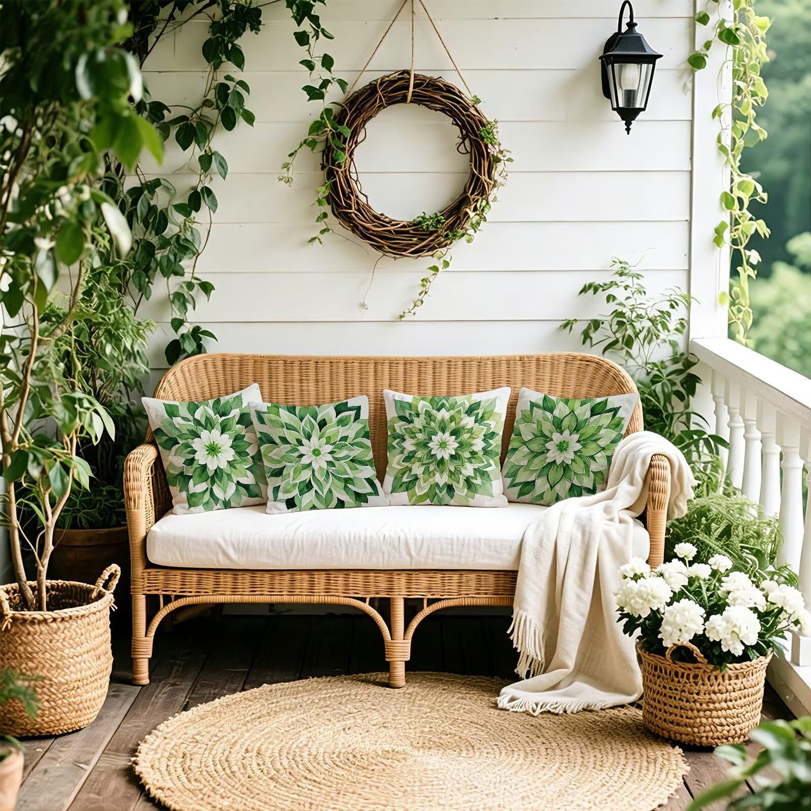 Verde Federe Cuscini Divano 50x50cm, Cuscini da Esterno Set de 4, Cod-170 | Lin Copricuscini Decorativi Letto Arredo, per Letto, Soggiorno, Giardino, Esterno, Casa Decorazione Set di 4 Mandala