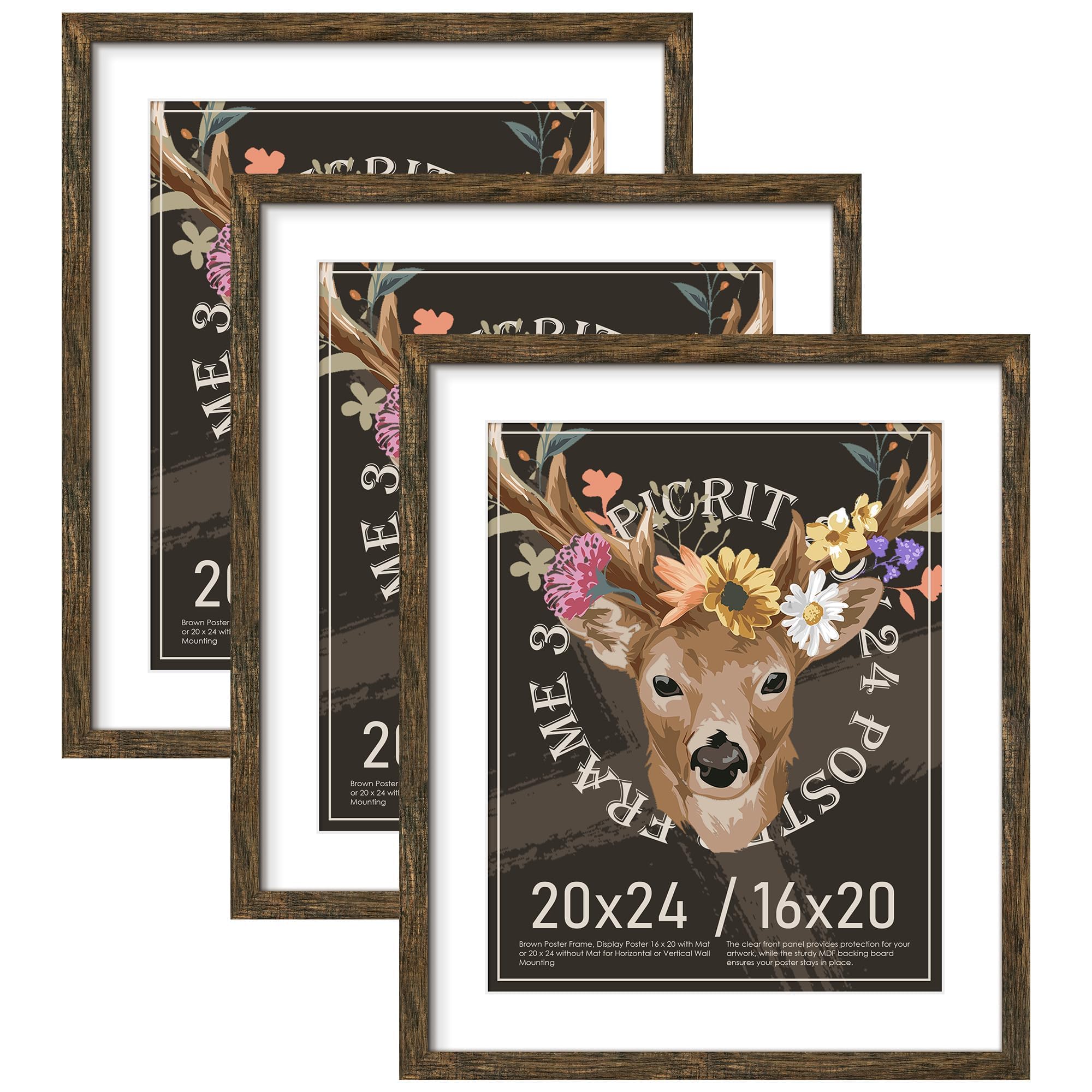 Picrit 20x24 Rustic Brown Picture Frame, Poster Frame for Wall, 3 Pack