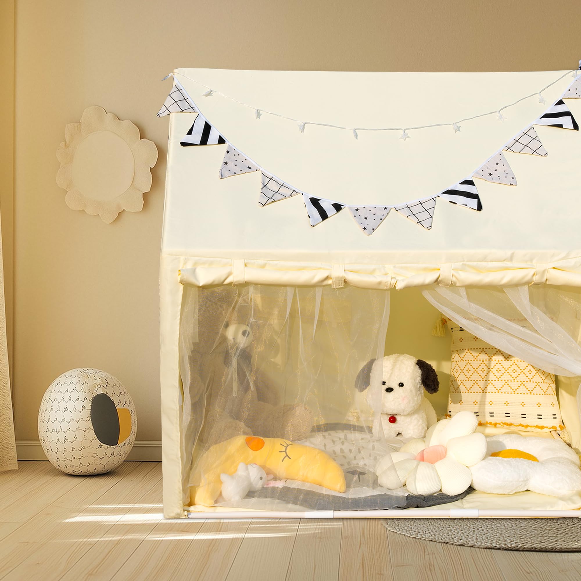 Kids PlayTent with 2 Built-in Storage Organizer Star Lights Mat Kids Tent Indoor DIY Decoration Playhouse for Toddler Boy and Girl Christmas Birthday