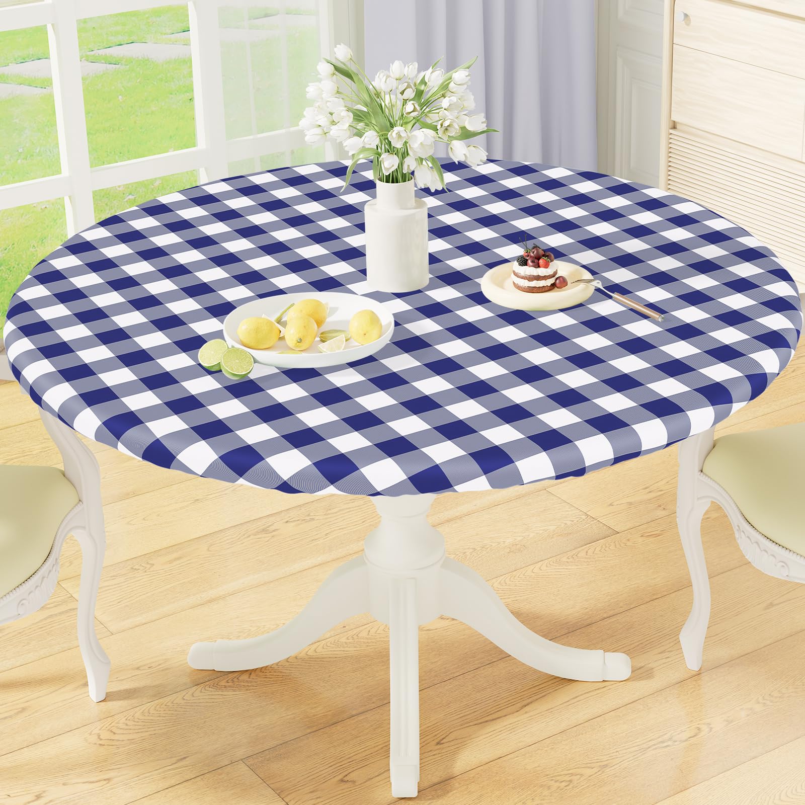 misaya Round Fitted Tablecloth with Elastic Edge, Buffalo Plaid Waterproof Vinyl Flannel Backed Table Cloth Cover Fits 25"-30" Round Tables for Dinner, Outdoor, Picnic, Navy White Check