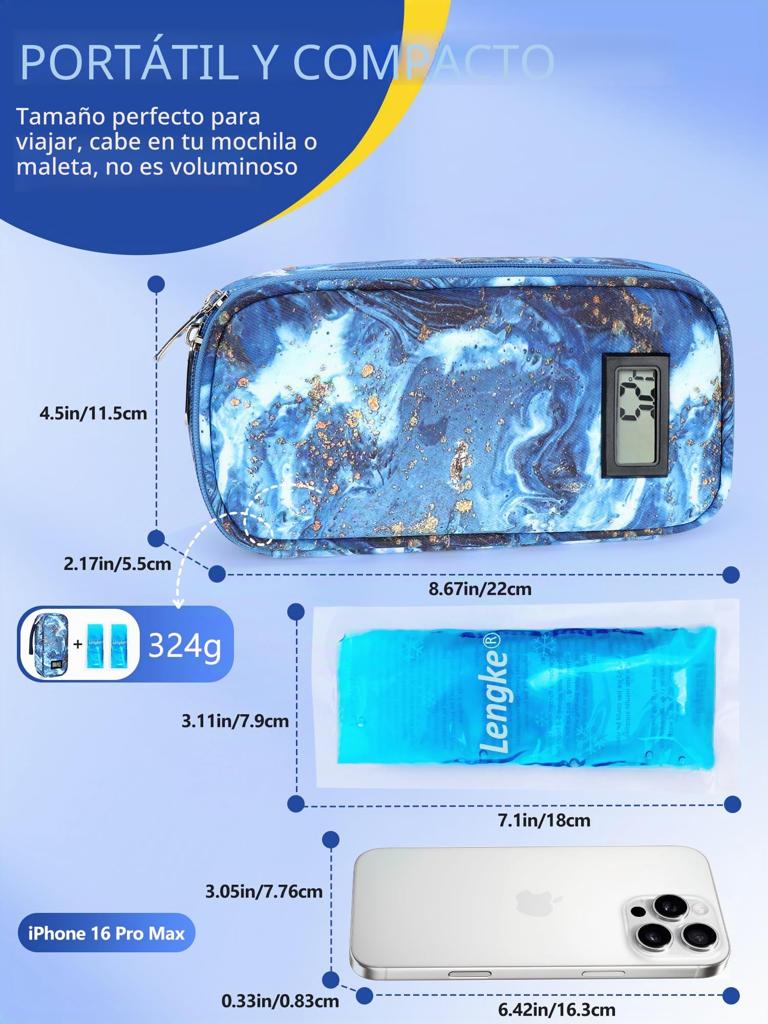 YOUSHARES Bolsa Refrigerante para Insulina con 2 Bolsas de Hielo TSA, Bolsa Isotérmica para Insulina, Nevera Insulina para Viajes con Indicador Temperatura (Arena Movediza Dorada)