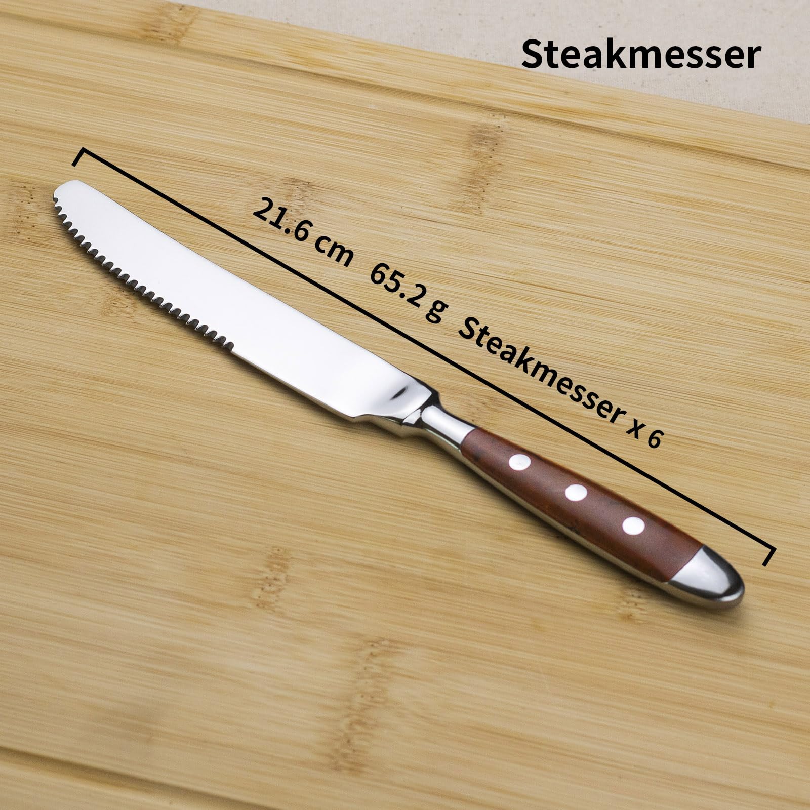 Alata Set di 6 coltelli da bistecca della serie Berlin di, set di coltelli da cucina per bistecca, manici marrone, acciaio inossidabile lucidato, bordo seghettato, per la casa, la sala da pranzo