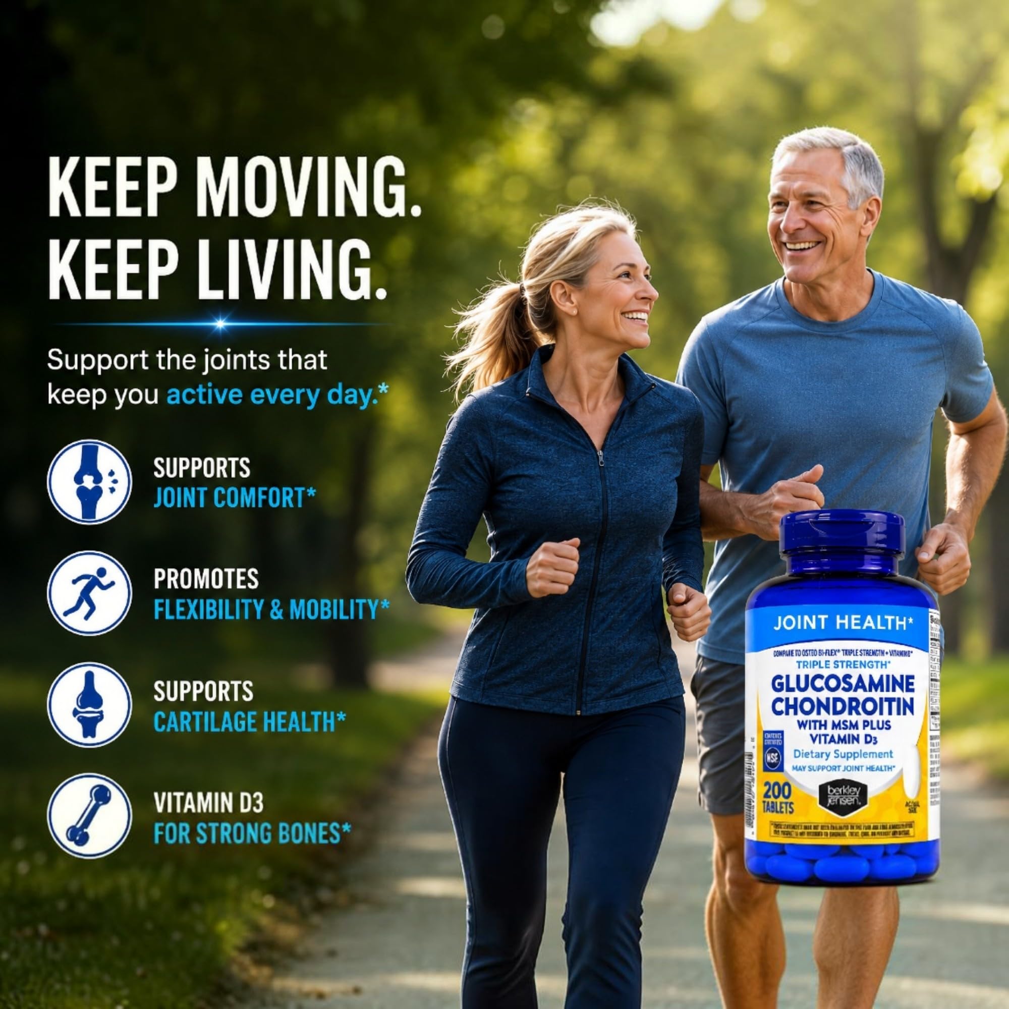berkley jensen Glucosamine Chondroitin Triple Strength Complex with MSM and D3 Joint Supplement Tablets for Joint Support and Cartilages, NSF Certified, 200 Count (Pack of 1) — Amazon image 4