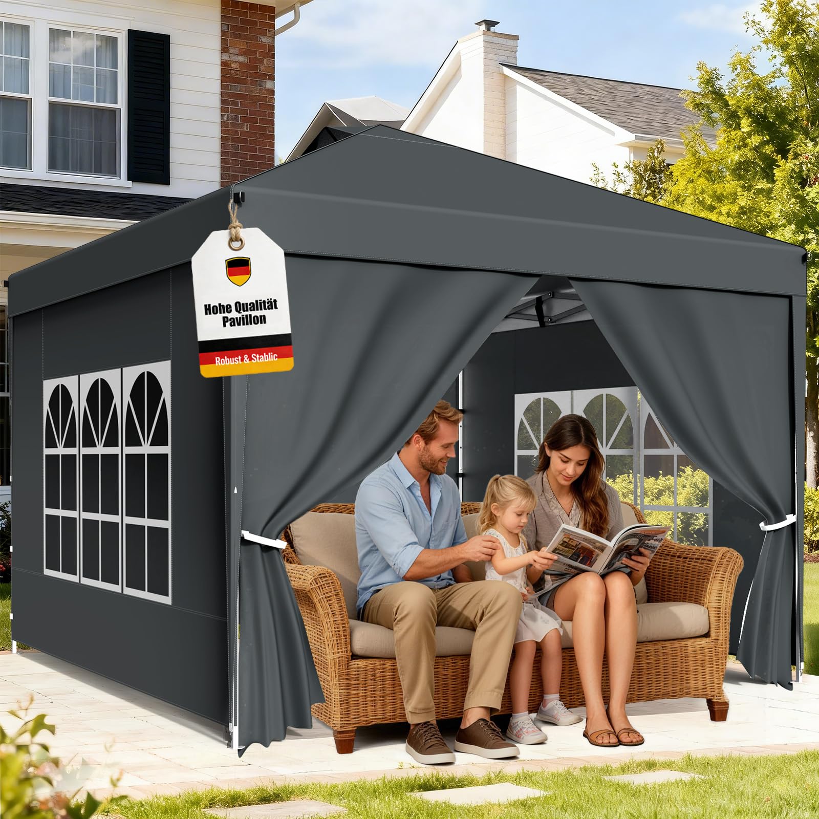 Tonnelle de Jardin 3x3m,Tente Pliante de Exterieur avec 4 Côtés、4 Sacs de Sable、Sac de Transport,Tonnelle Pliante Imperméable，Anti UV，Hauteur Réglable，Tente de Camping,Barnum,Anthracite