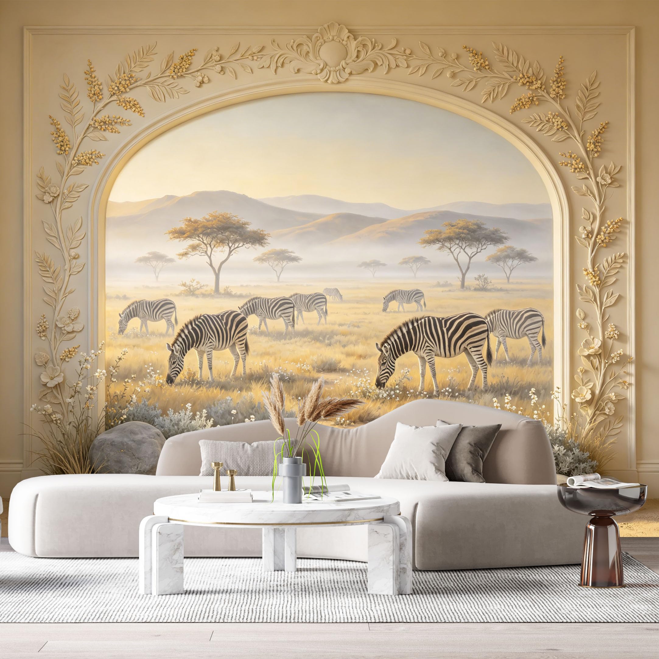 Custom Size Wall Murals African Savanna Zebra Wildlife Neoclassical Arch 3D Trompe L'Oeil SelfAdhesiveWall Fabric Removable Wallpaper Wall Decor for Living Room Bedroom Bathroom