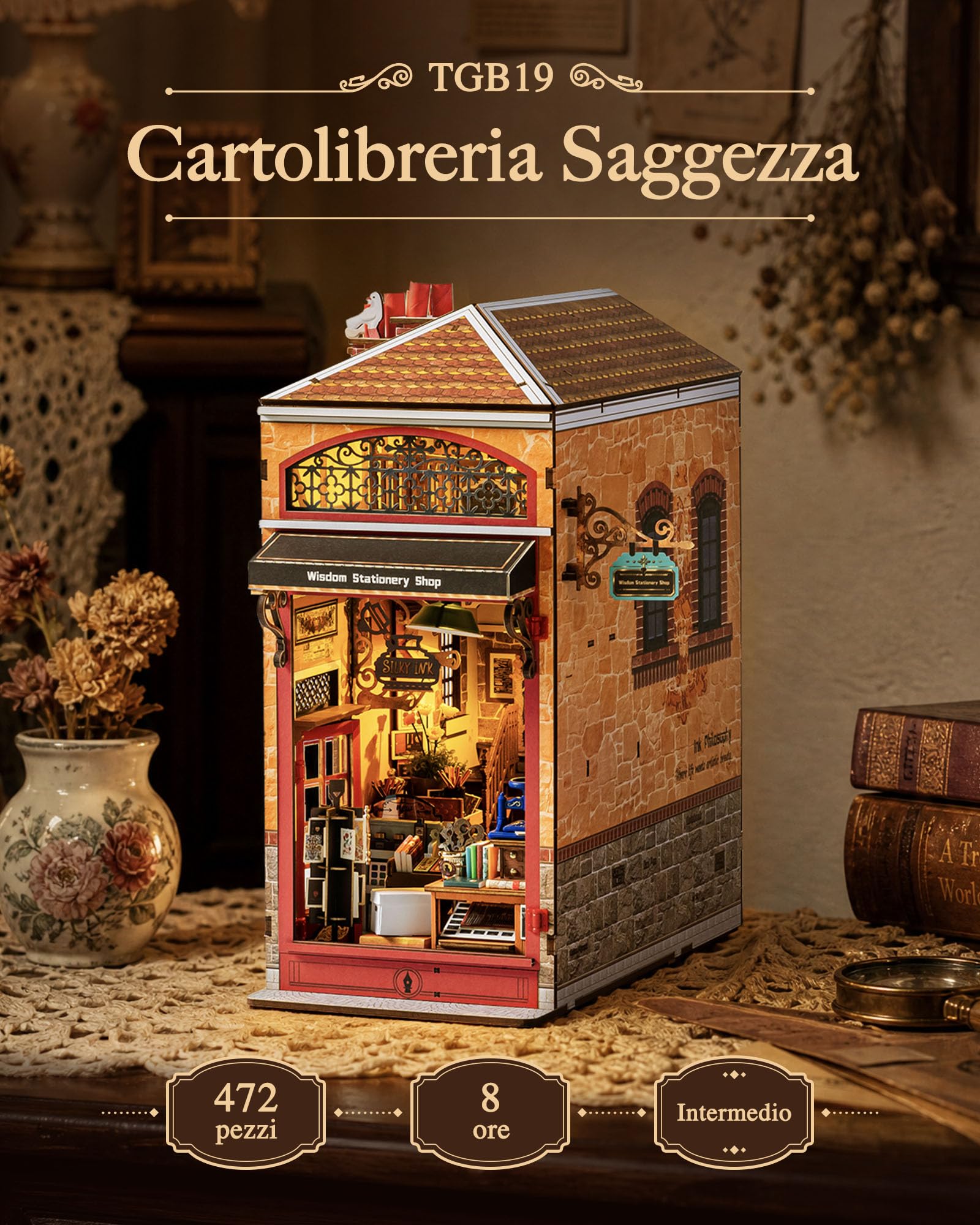 Rolife Book Nook Kit Miniature da Costruire DIY Booknook Cartoleria della Sapienza 3d Puzzle Legno con Luci Decorazione Libreria Casa Modellismo da Costruire Adulti Diorama Modellismo