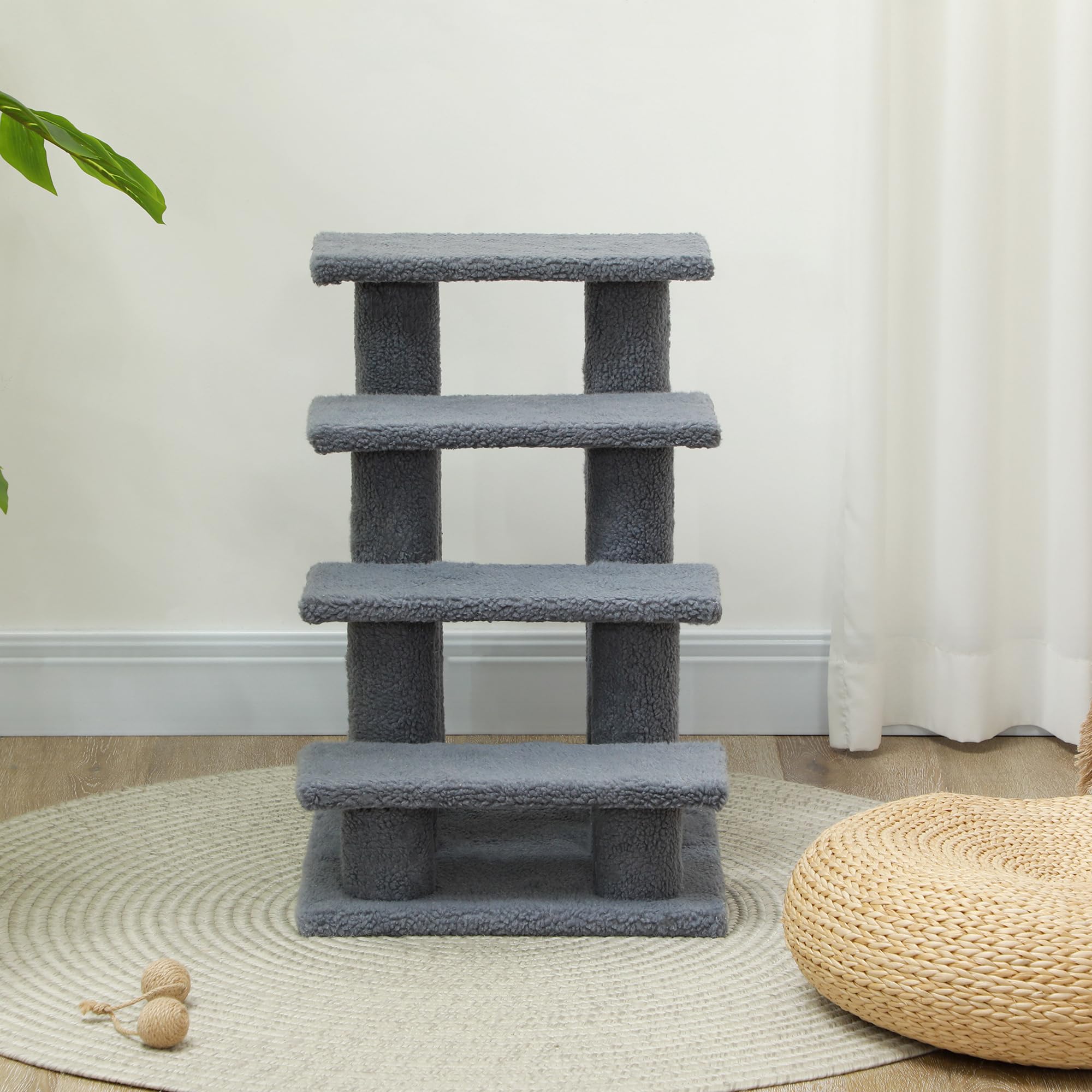 PawHut Scaletta per Cani e Gatti a 4 Gradini in Peluche 61x41x60cm Grigio | Scala per Gatto e Animali Domestici Antiscivolo, Scalini per Cuccioli per Letto e Divano