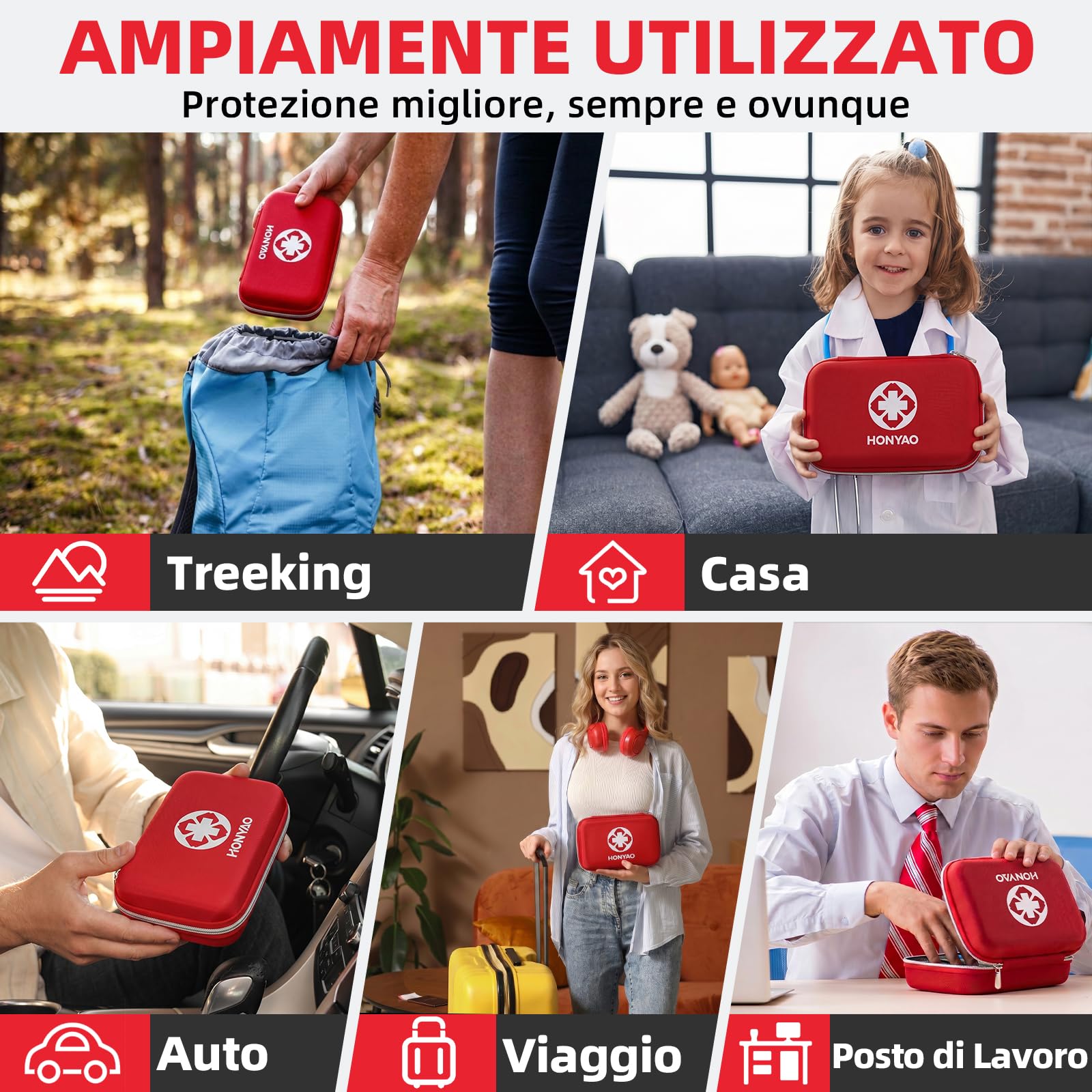 HONYAO Kit di Pronto Soccorso, 200 Pezzi Scatola di Emergenza per Primo Intervento, Kit di Primo Soccorso per Casa Auto Barca Moto Roulotte Trekking e Campeggio