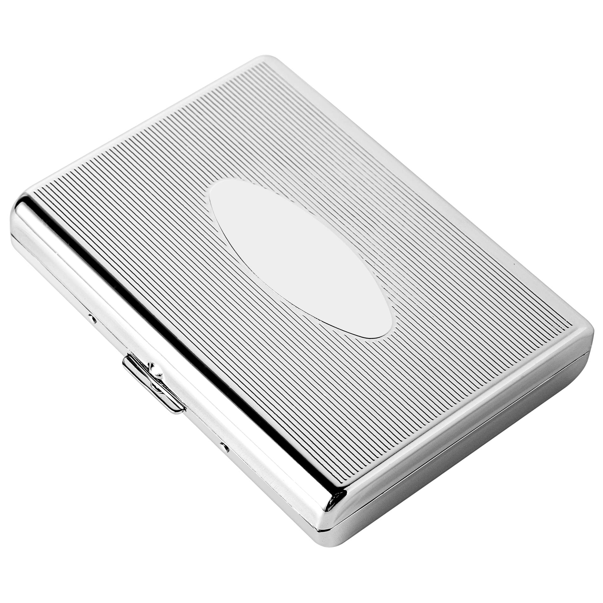 Metal Cigarette Case - Women and Men, Portable Double Sided Spring Clip Cigarette Case, Holds 18 Regular Size Cigarettes, Fits 100mm Cigarettes (Oval Silver)