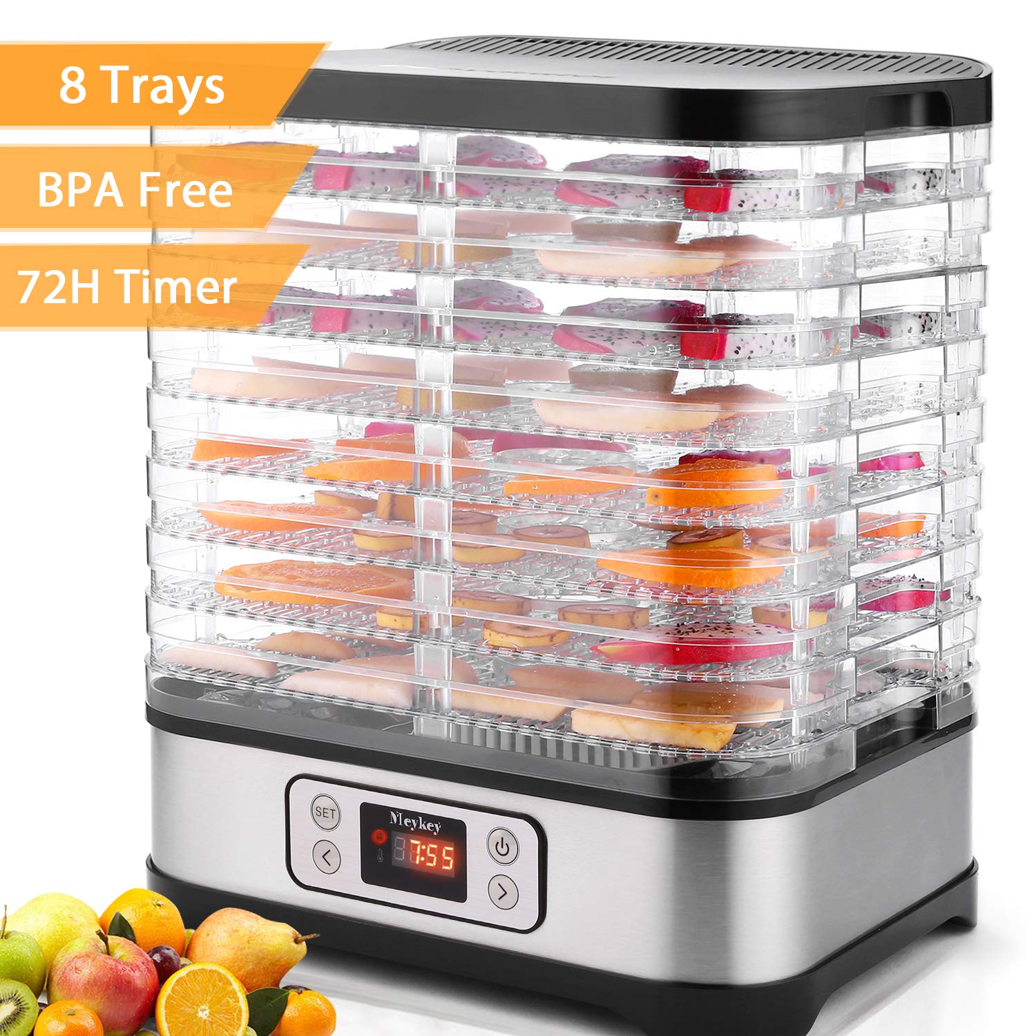Nictemaw Deshidratador de acero inoxidable Küchenminis Deshidratador de frutas con 8 estantes, deshidratador con regulador de temperatura, 400 W, 35-70 °C, temporizador de 72 horas para verduras,