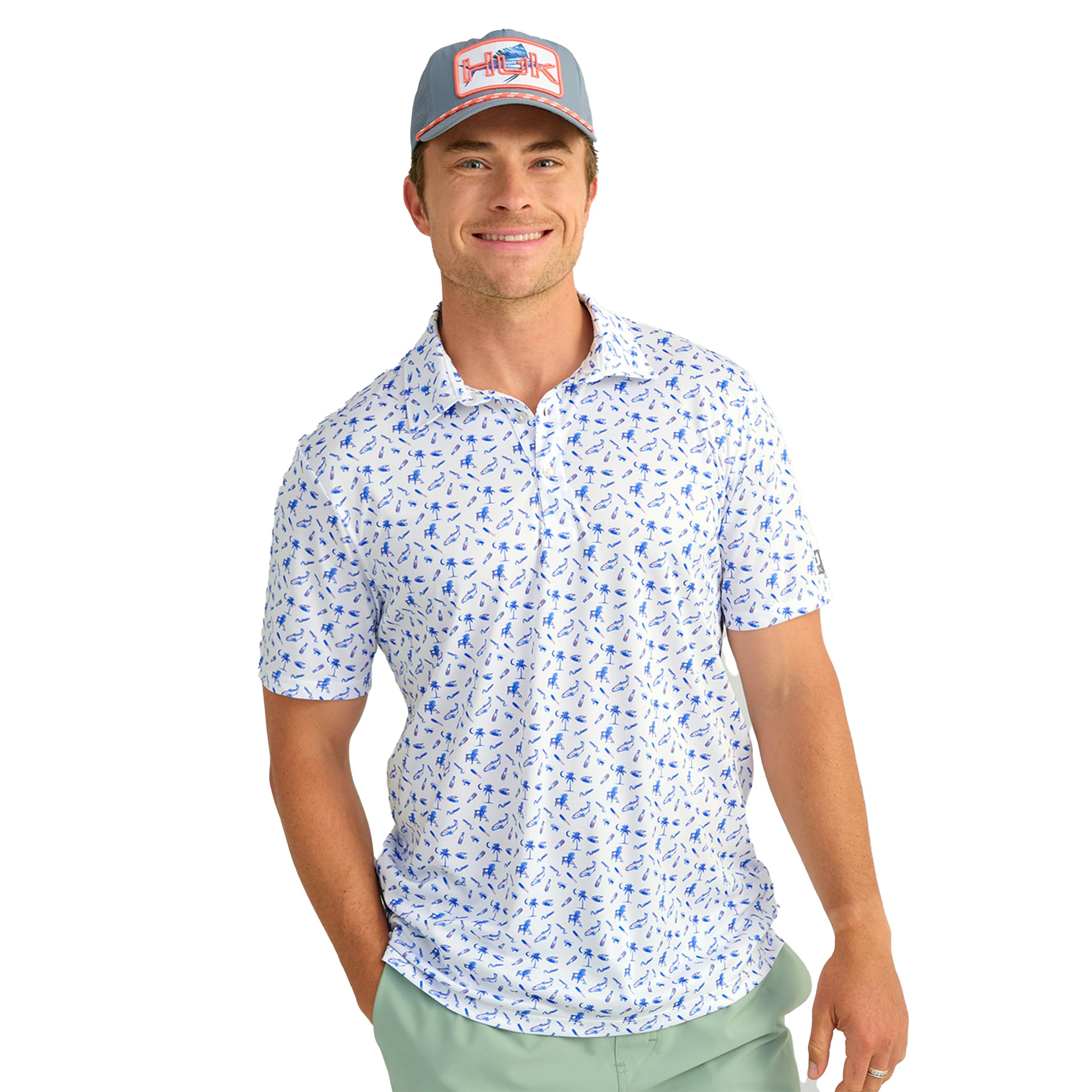 HUK Mens Pursuit Pattern Polo, Performance Short Sleeve Polo Shirt