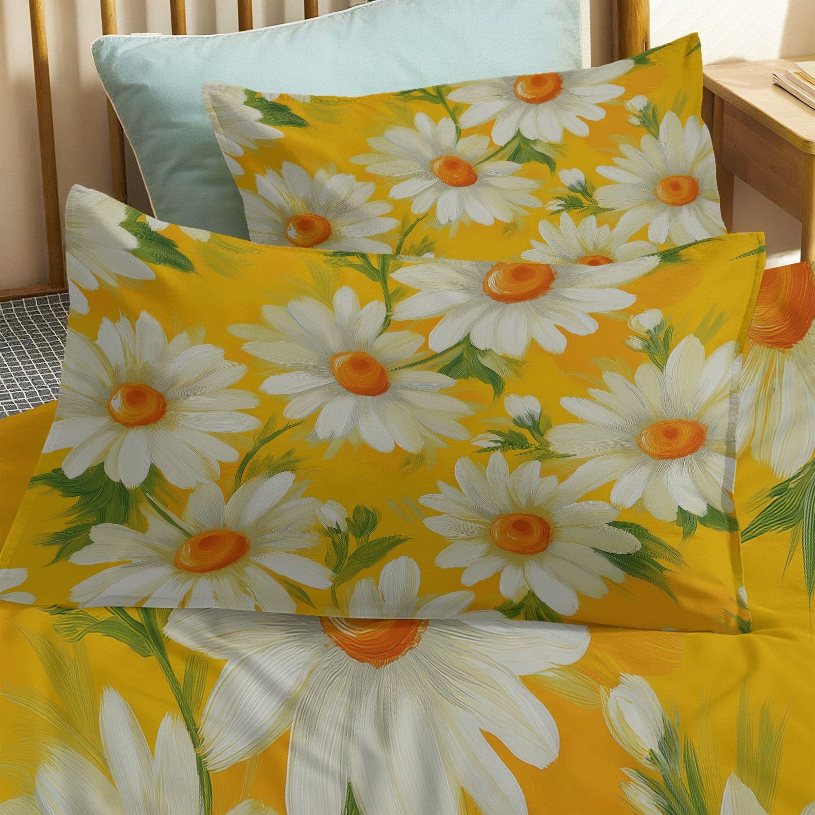 Żółty komplet pościeli 155 x 220 cm, tradycyjne, kwiaty, stokrotki, pościel 3D, poliester, bawełna, miękka, dwustronna, poszewka na kołdrę z zamkiem błyskawicznym, zestaw pościeli pojedynczej