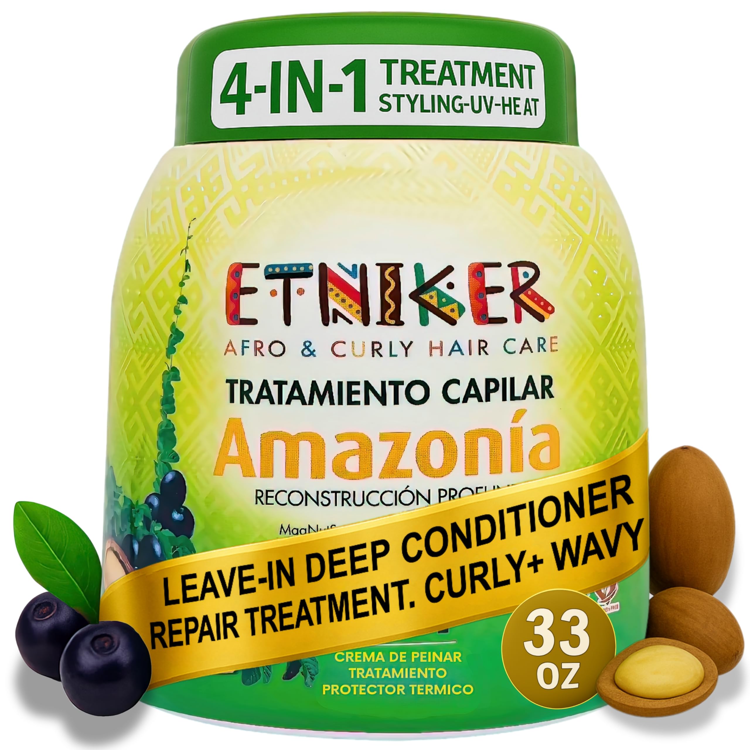 Etniker Amazonia, mascarilla para el cabello rizado, tratamiento de restauración de rizos, profesional - cabello rizado sin enjuague, crema acondicionador sin enjuague. Calidad de peluquería. 33 oz