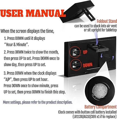 Miniatura 5 de Betus - Reloj digital para tablero de automóvil, reloj adhesivo para vehículo con pantalla LCD gigante que muestra día y hora, para tablero y
