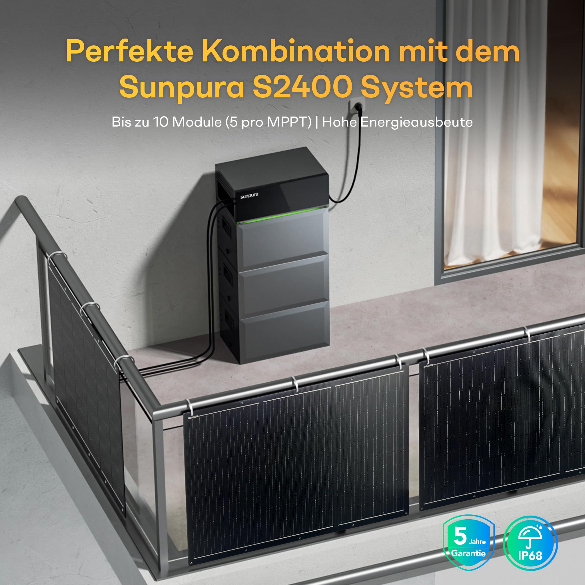 Flexibles Solarpanel 2x200W | Voc 18,55 V · Isc 13,7 A · Vmp 15,3 V · Imp 13,1 A | Monokristallin, Glasfaser-Laminat | Leicht & Biegbar | Ideal für Balkon, Dach & Gartenzaun | Junction Box hinten