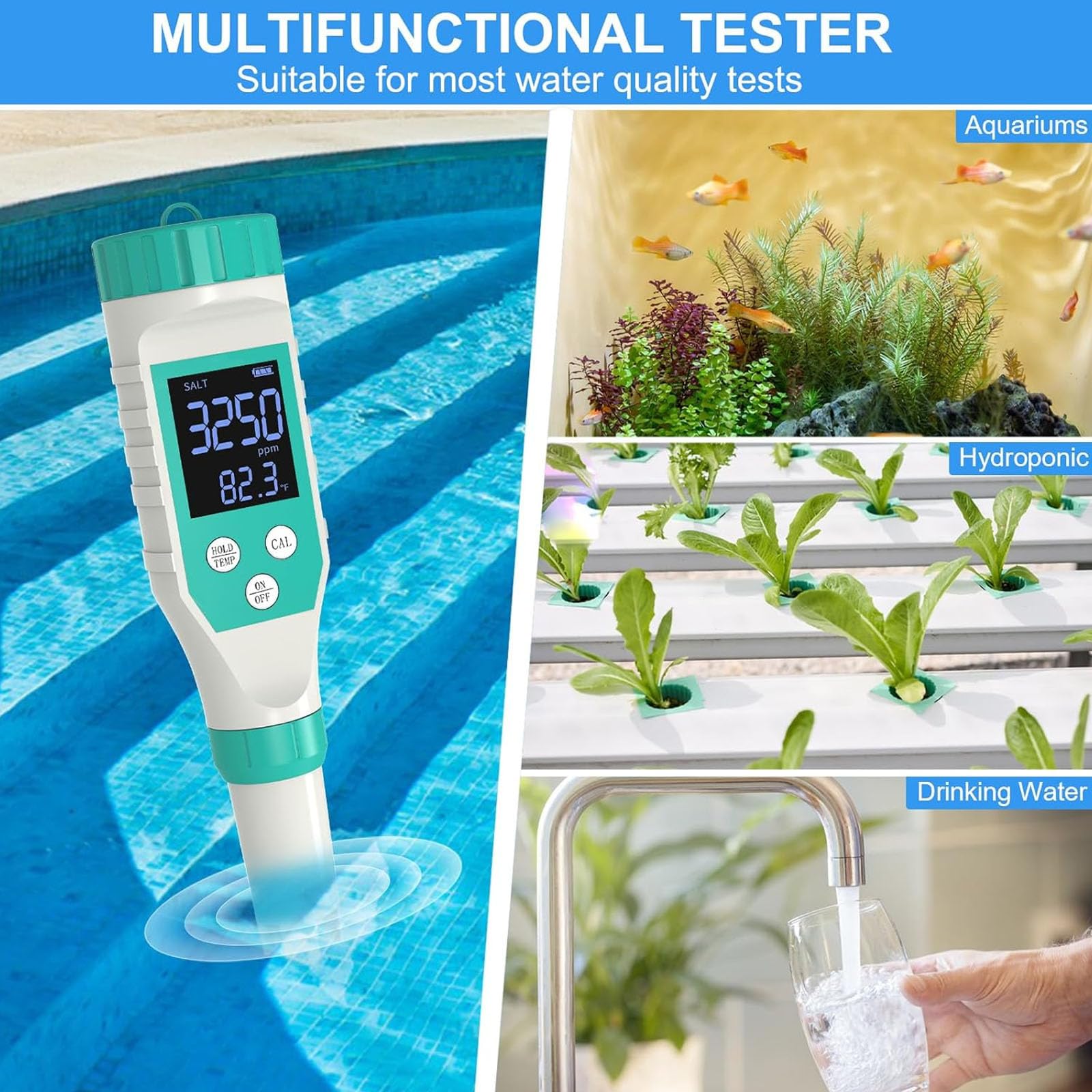 Misuratore della qualità dell'Acqua, Tester di Cloro 7 in 1 PH/Salt/ORP/TDS/EC/Temp for Piscina Acquario Spa Idroponica