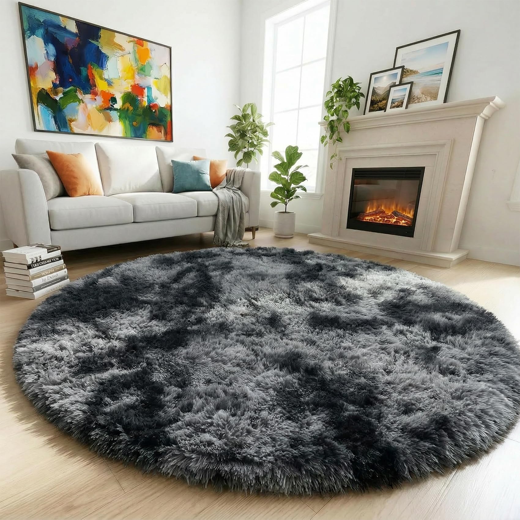 Amdrebio Tie-Dyed Dark Grey Round Area Rug 5Ft for Living Room Bedroom, Soft Furry Shaggy Circle Rugs for Classroom Playroom Dorm, Modern Cool Shag Fluffy Fuzzy Circular Carpet for Men Kids Teen Boys — image 1