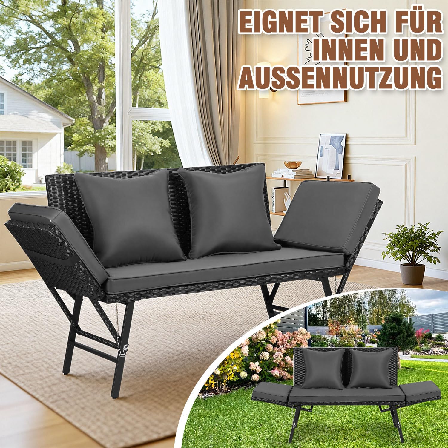 Panchina da giardino in polyrattan 3 in 1 con funzione sdraio, divano da balcone a 2 posti, pieghevole, braccioli pieghevoli, rivestimenti rimovibili, mobili da salotto per giardino, balcone