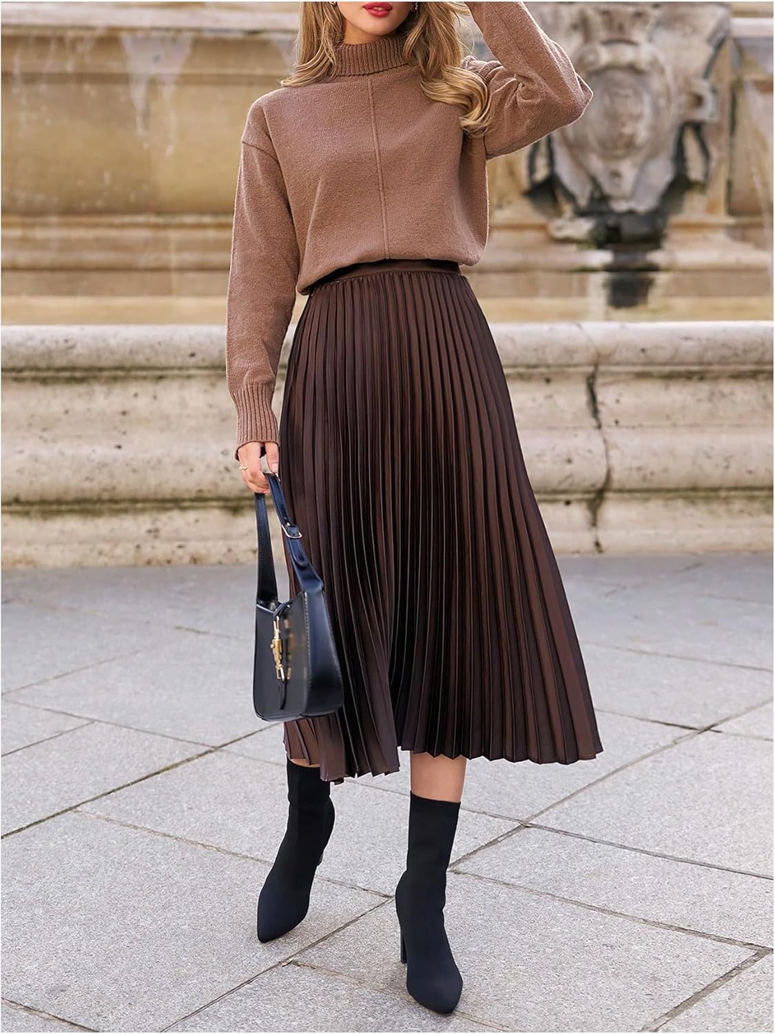 Milumia Women's Elegant High Waist Pleated Midi Skirt Ruffle Hem Flowy A Line Skirts - Image 3