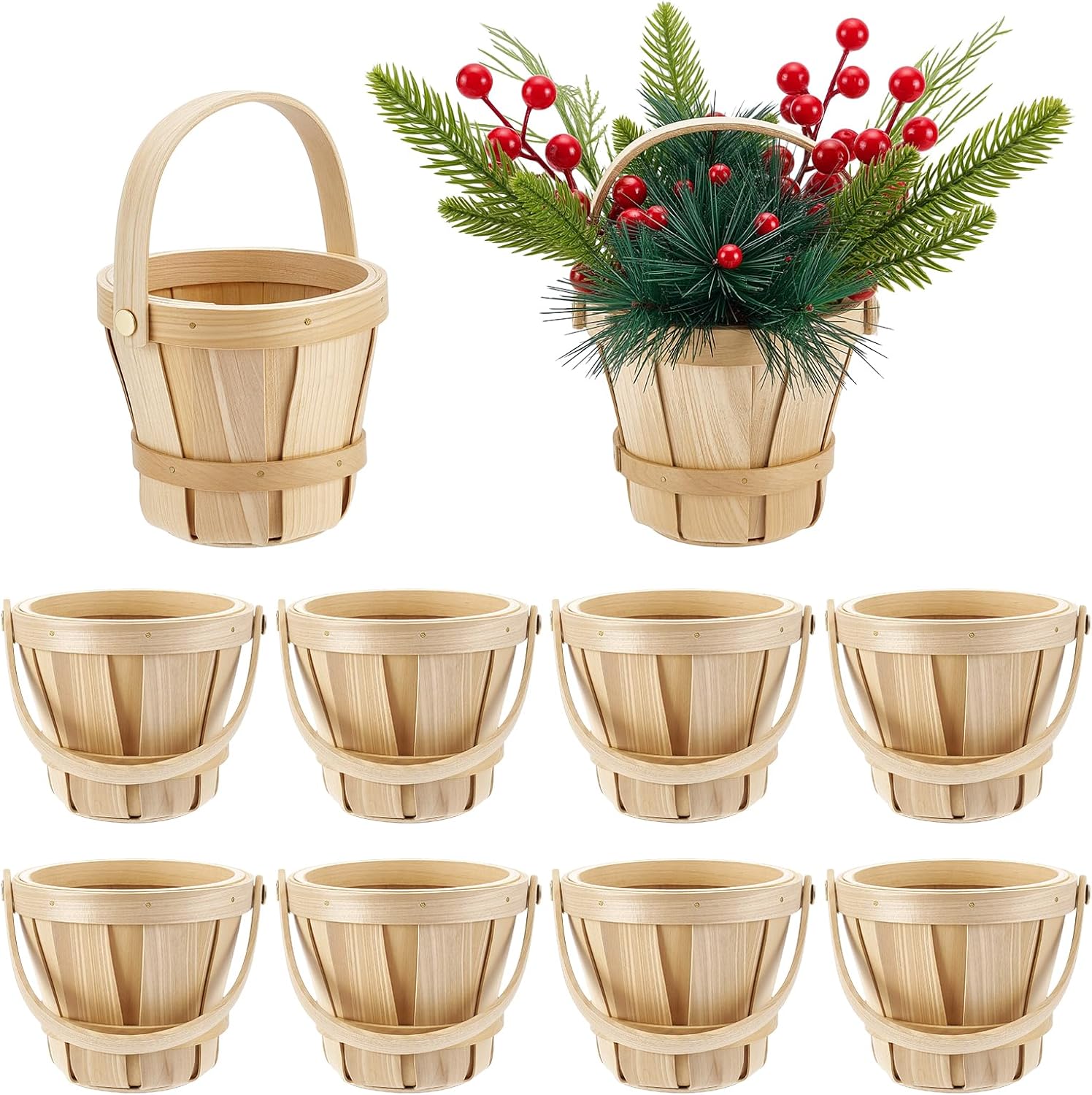 10PCS Small Round Wooden Bushel Baskets 4 x 4.7 Inch Apple Fruit Buckets with Handle Empty Christmas Bushel Basket for Gifts Fruits Flowers Garden Home Wedding Party Decorations