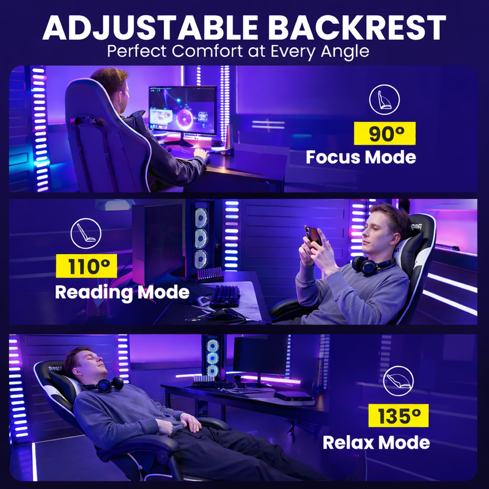 Sedia da gaming, sedia da gioco, ergonomica, con poggiapiedi, poggiatesta e supporto lordosi, regolabile in altezza, imbottita, 220 kg